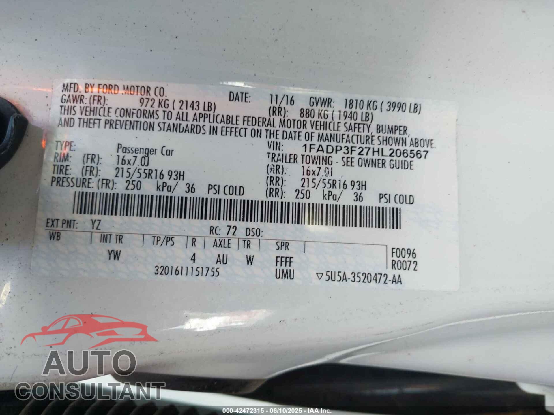 FORD FOCUS 2017 - 1FADP3F27HL206567