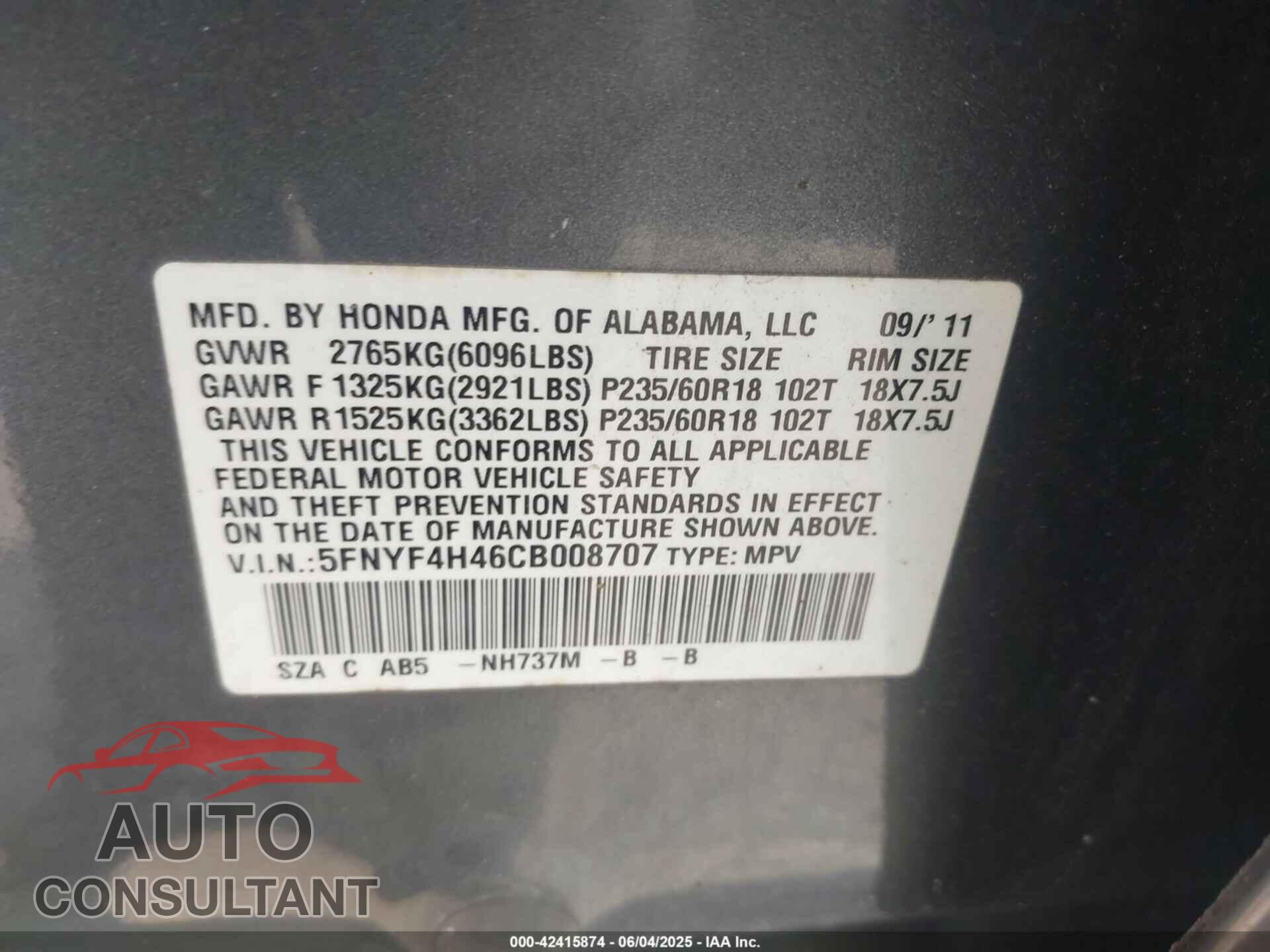 HONDA PILOT 2012 - 5FNYF4H46CB008707