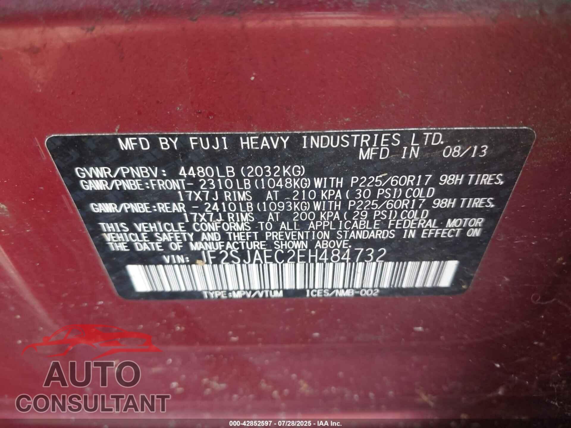 SUBARU FORESTER 2014 - JF2SJAEC2EH484732