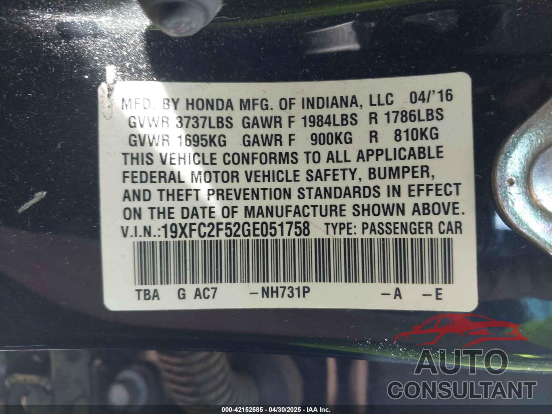 HONDA CIVIC 2016 - 19XFC2F52GE051758