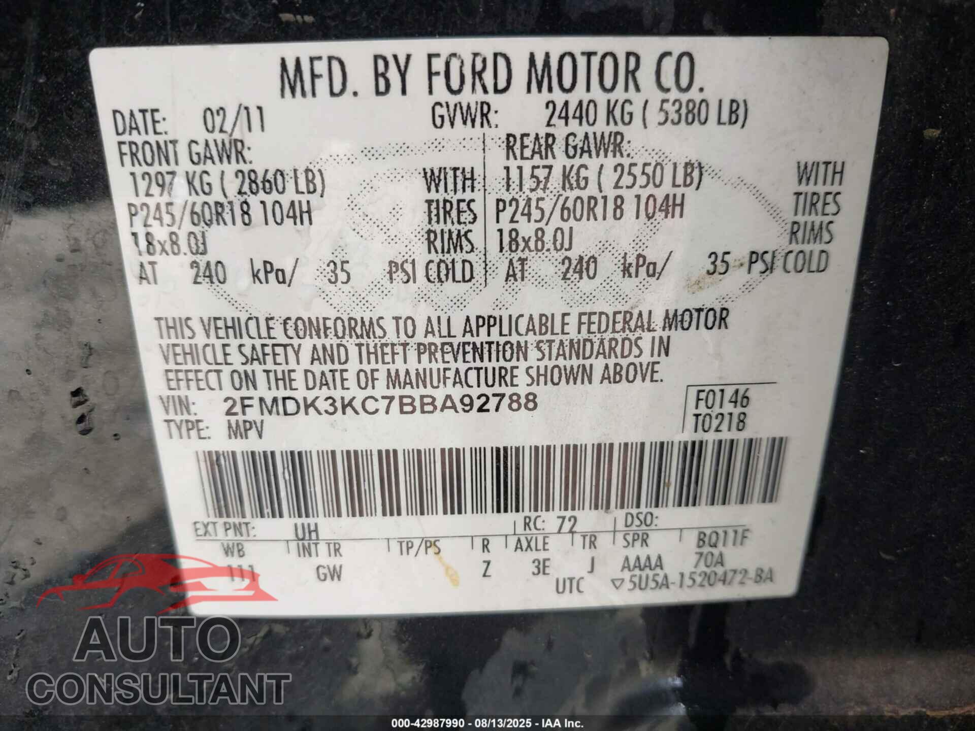 FORD EDGE 2011 - 2FMDK3KC7BBA92788