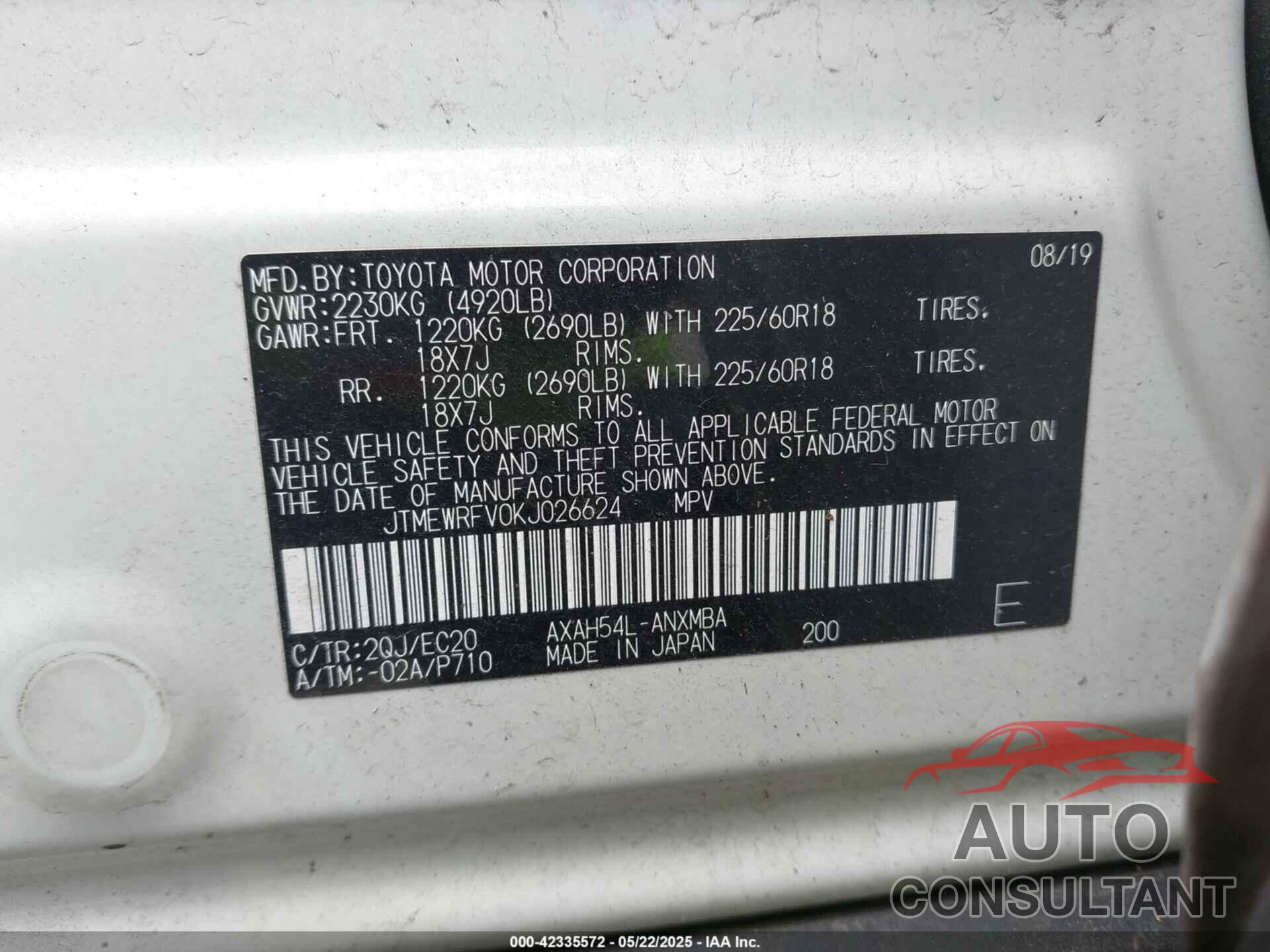 TOYOTA RAV4 HYBRID 2019 - JTMEWRFV0KJ026624