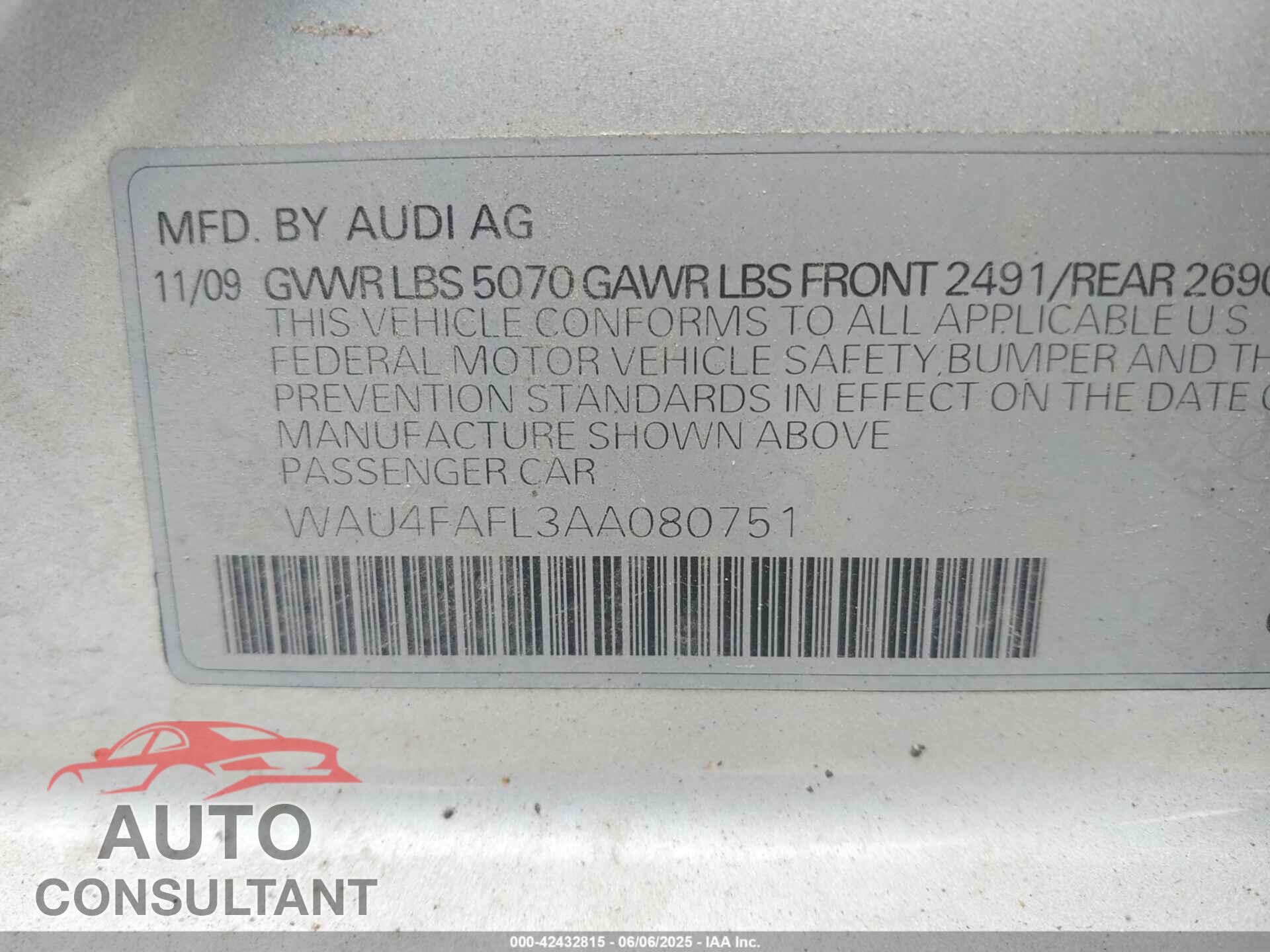 AUDI A4 2010 - WAU4FAFL3AA080751