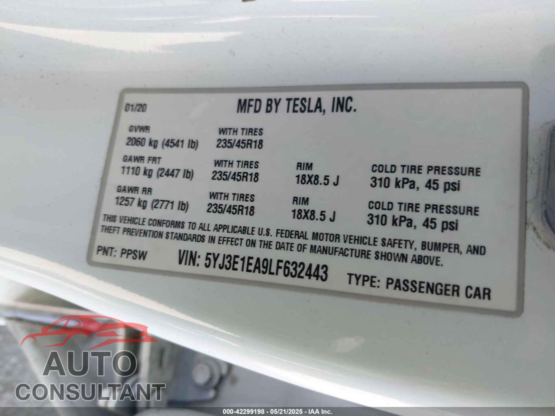 TESLA MODEL 3 2020 - 5YJ3E1EA9LF632443