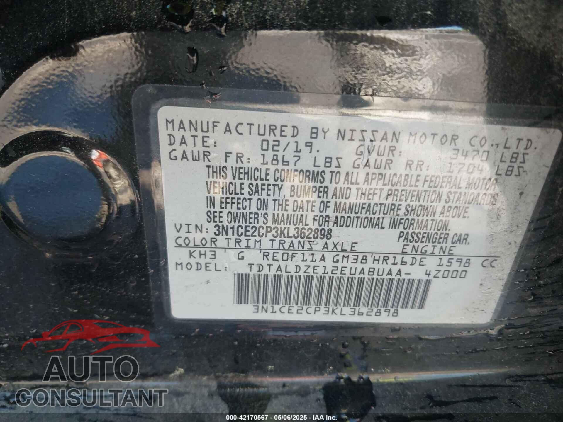 NISSAN VERSA NOTE 2019 - 3N1CE2CP3KL362898