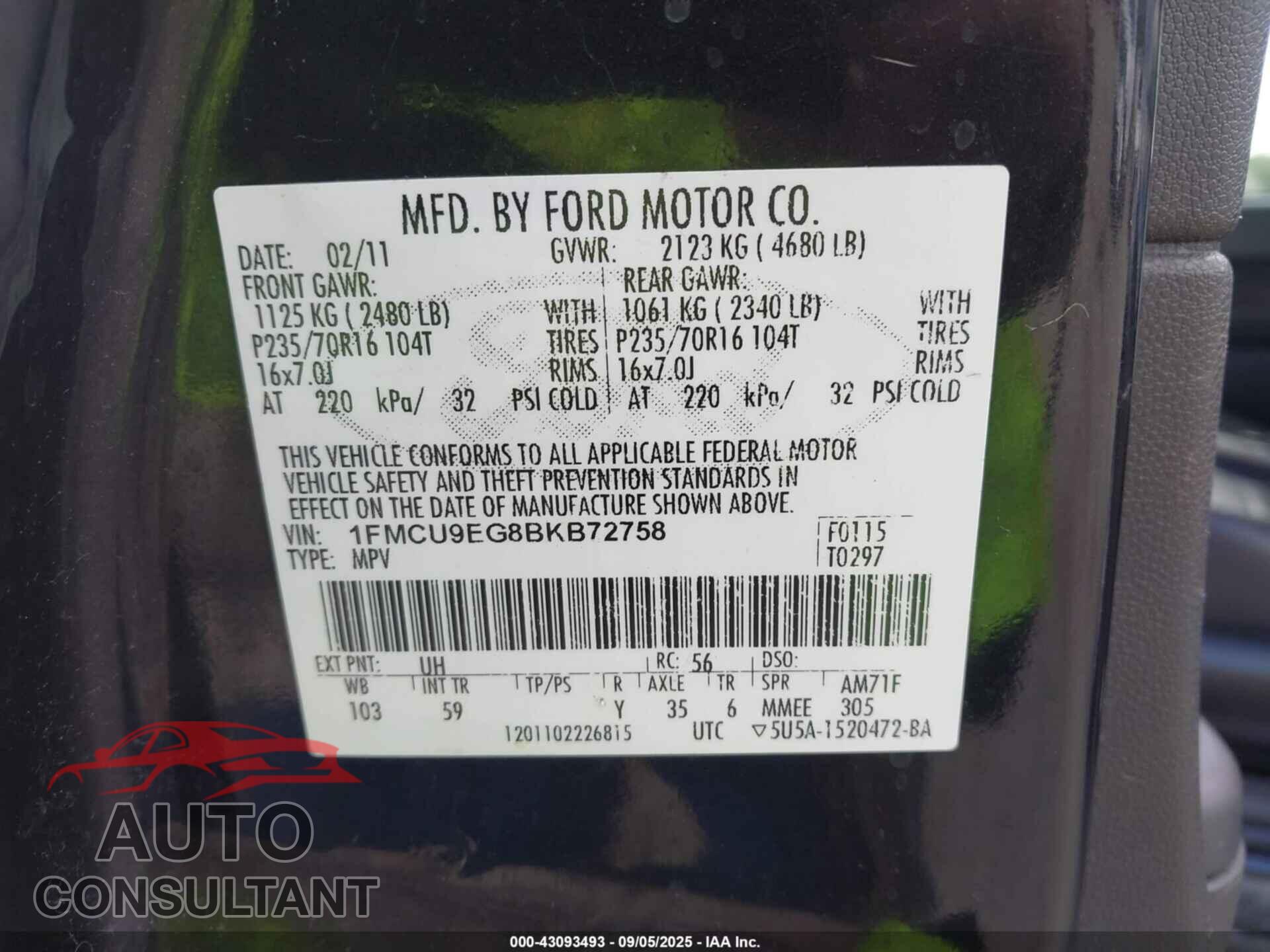 FORD ESCAPE 2011 - 1FMCU9EG8BKB72758