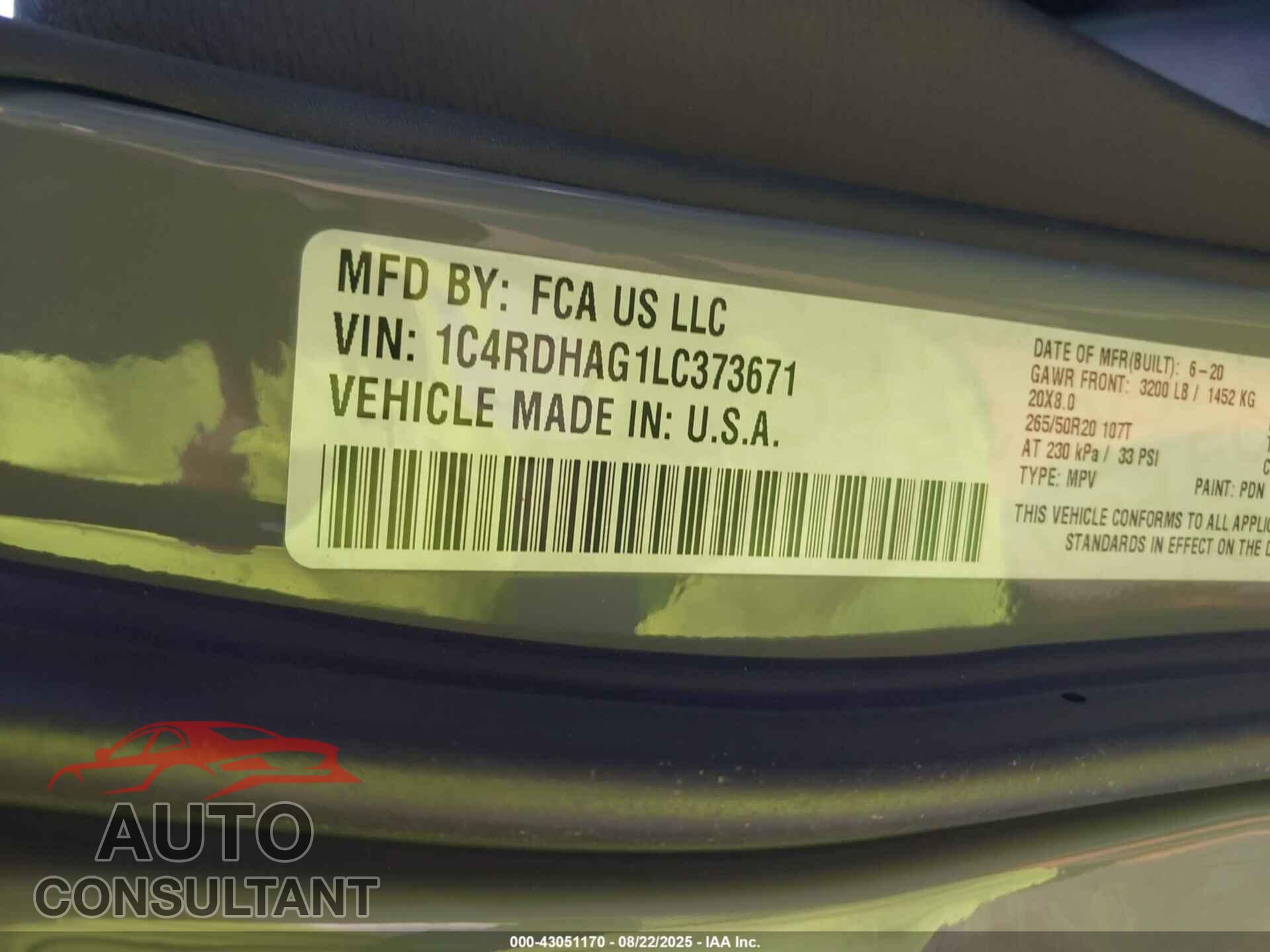 DODGE DURANGO 2020 - 1C4RDHAG1LC373671