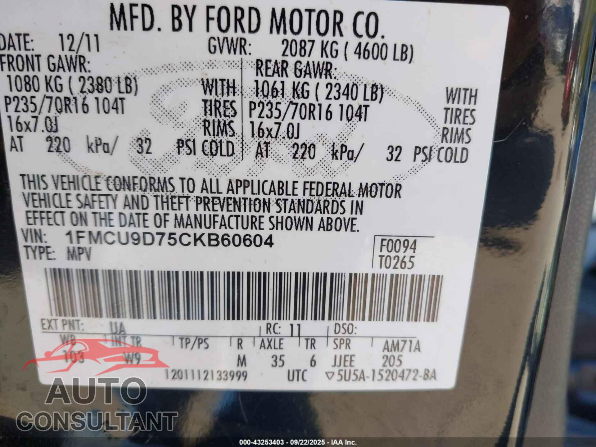 FORD ESCAPE 2012 - 1FMCU9D75CKB60604