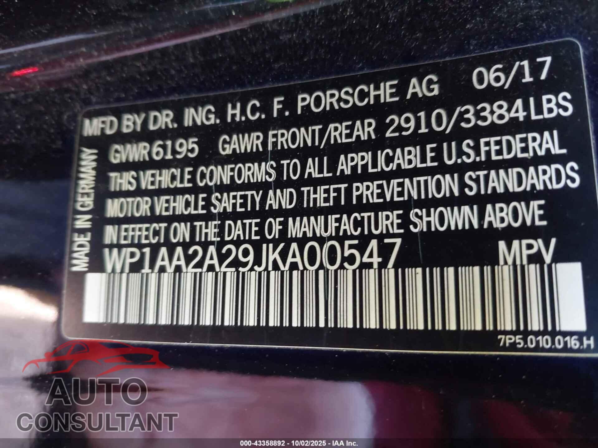 PORSCHE CAYENNE 2018 - WP1AA2A29JKA00547