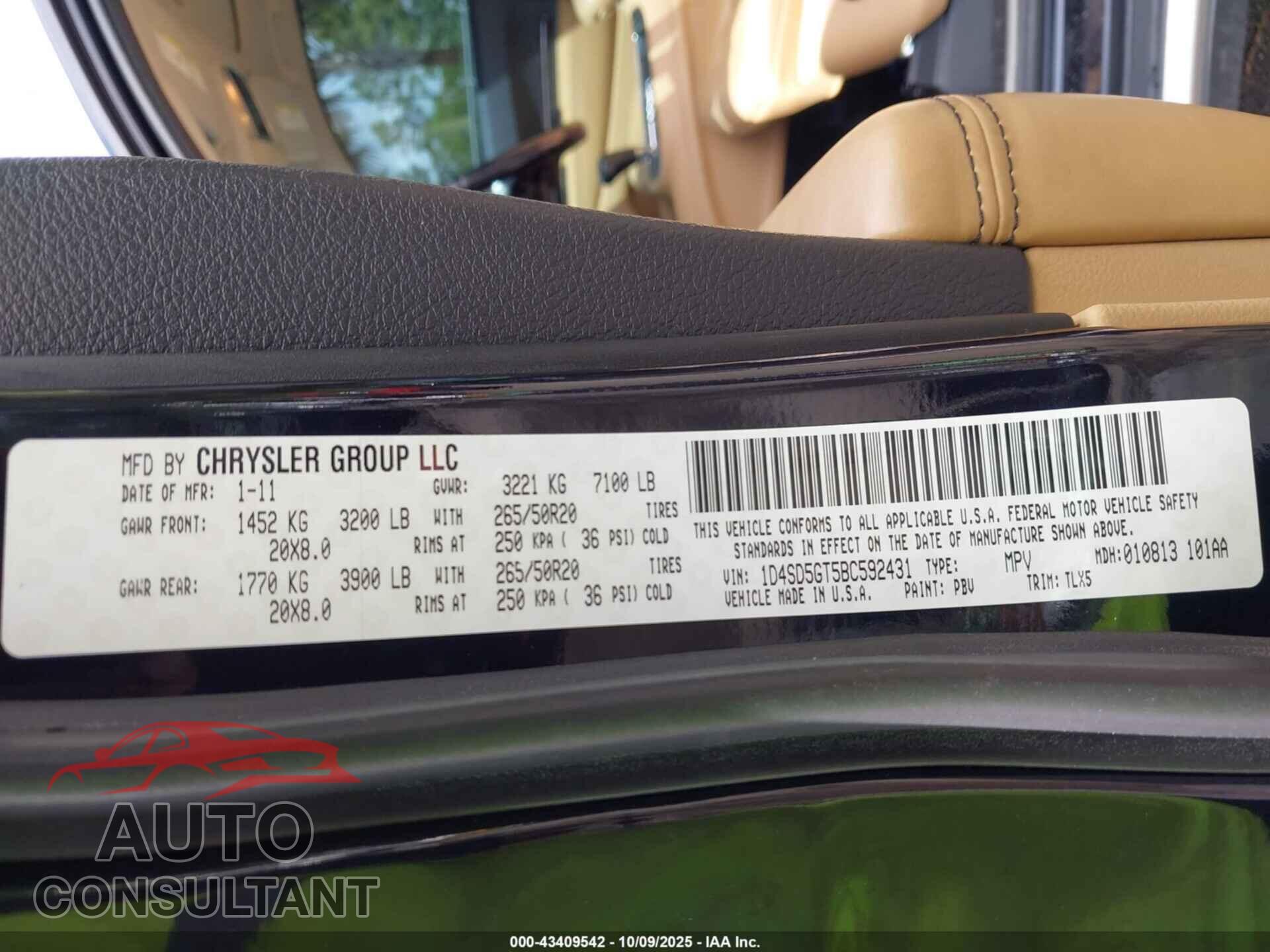 DODGE DURANGO 2011 - 1D4SD5GT5BC592431