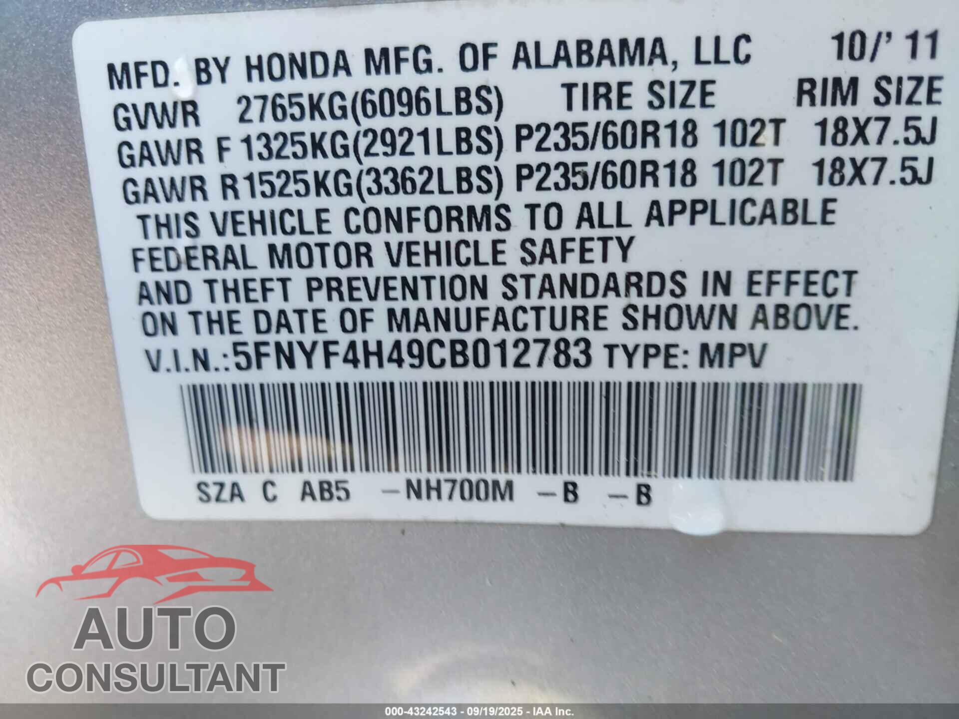 HONDA PILOT 2012 - 5FNYF4H49CB012783