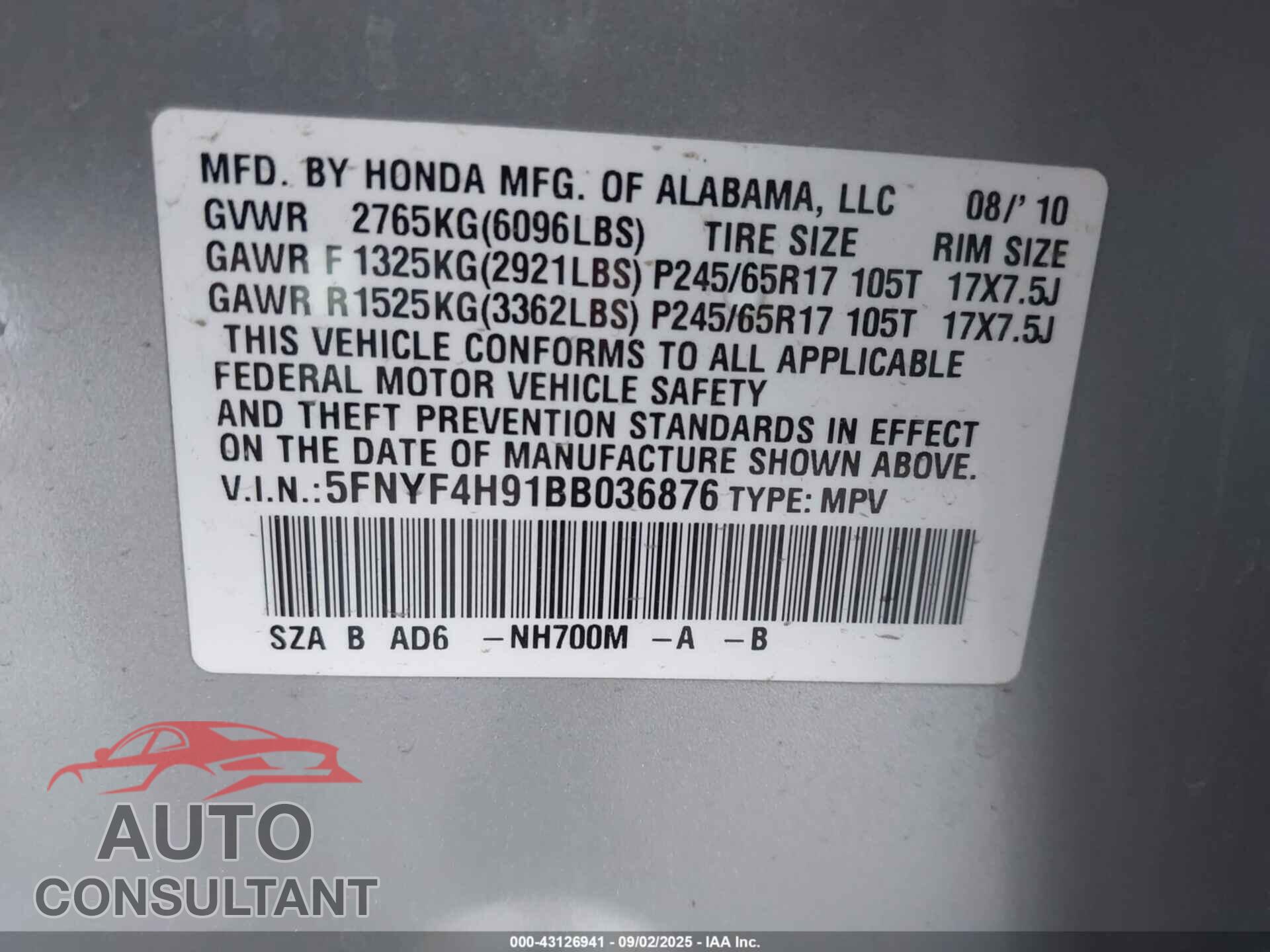 HONDA PILOT 2011 - 5FNYF4H91BB036876