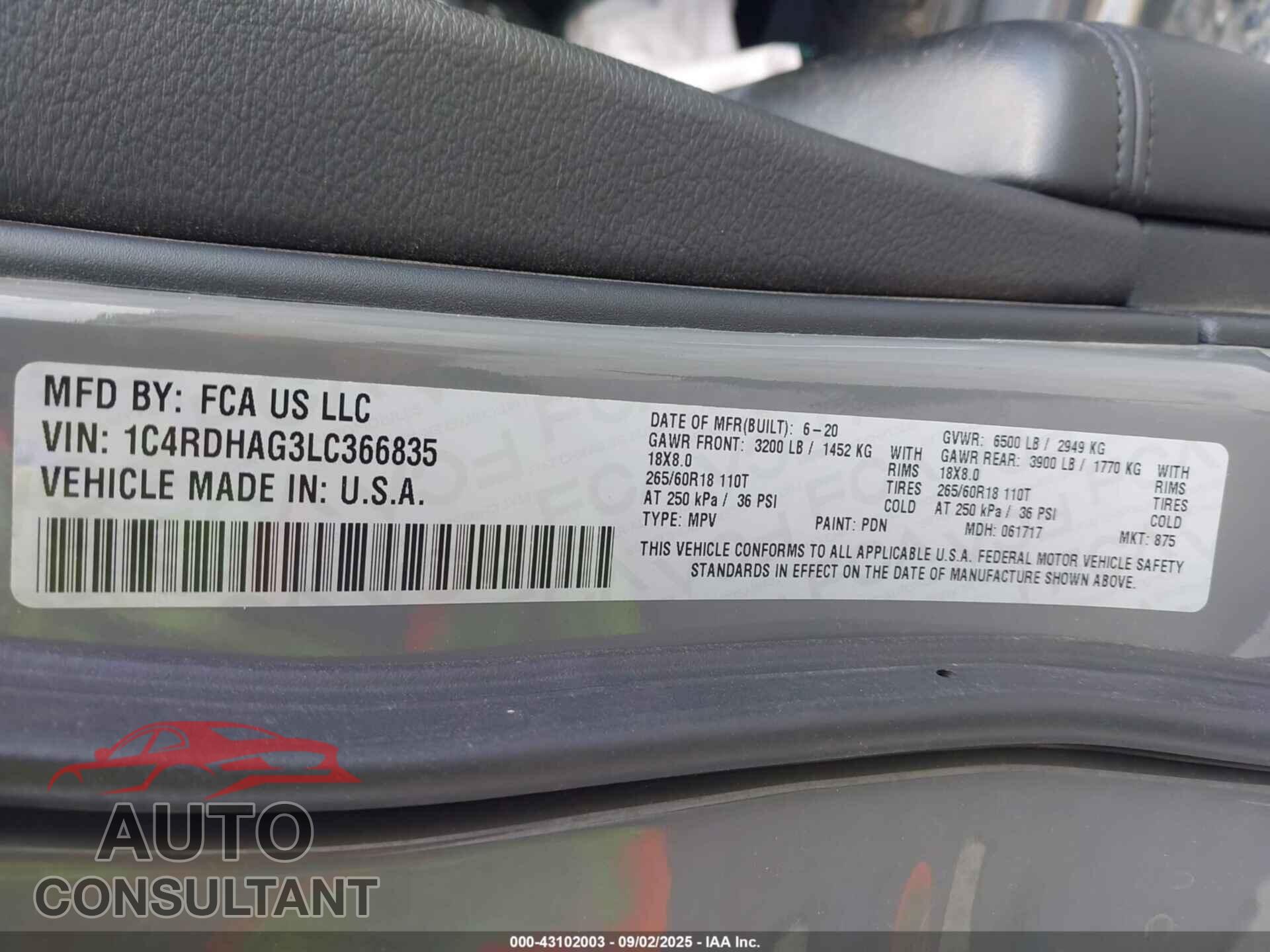 DODGE DURANGO 2020 - 1C4RDHAG3LC366835