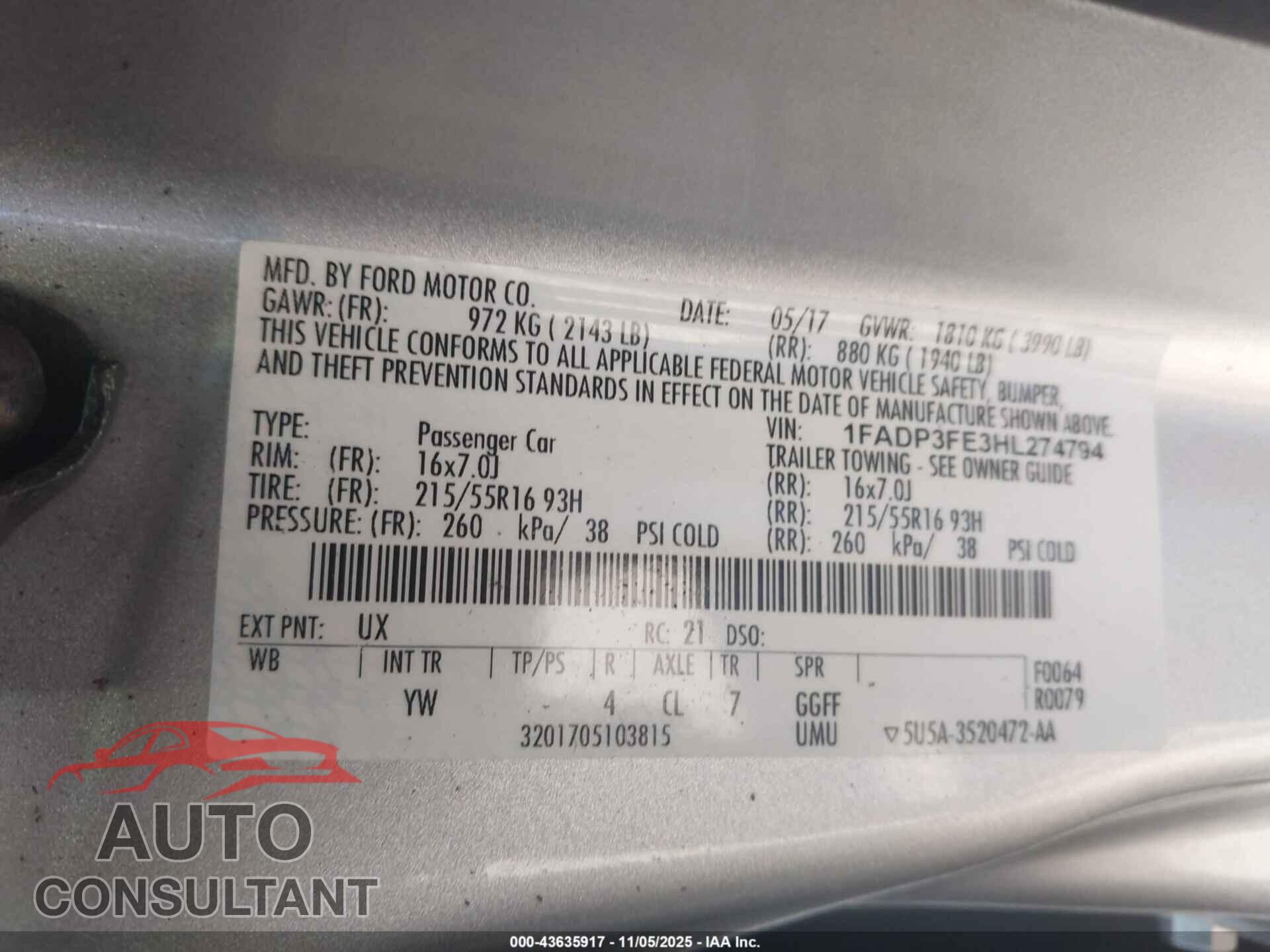 FORD FOCUS 2017 - 1FADP3FE3HL274794