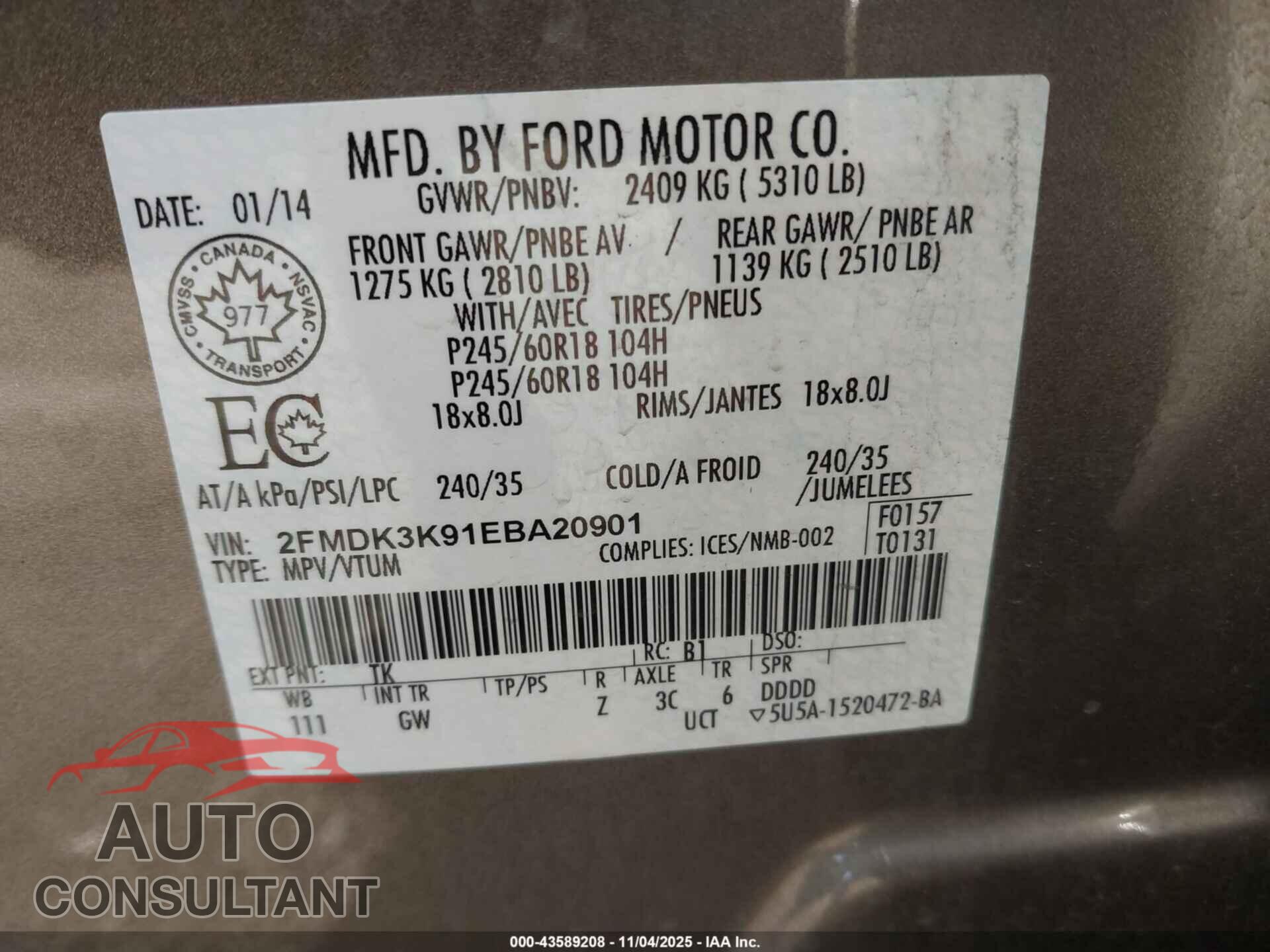 FORD EDGE 2014 - 2FMDK3K91EBA20901