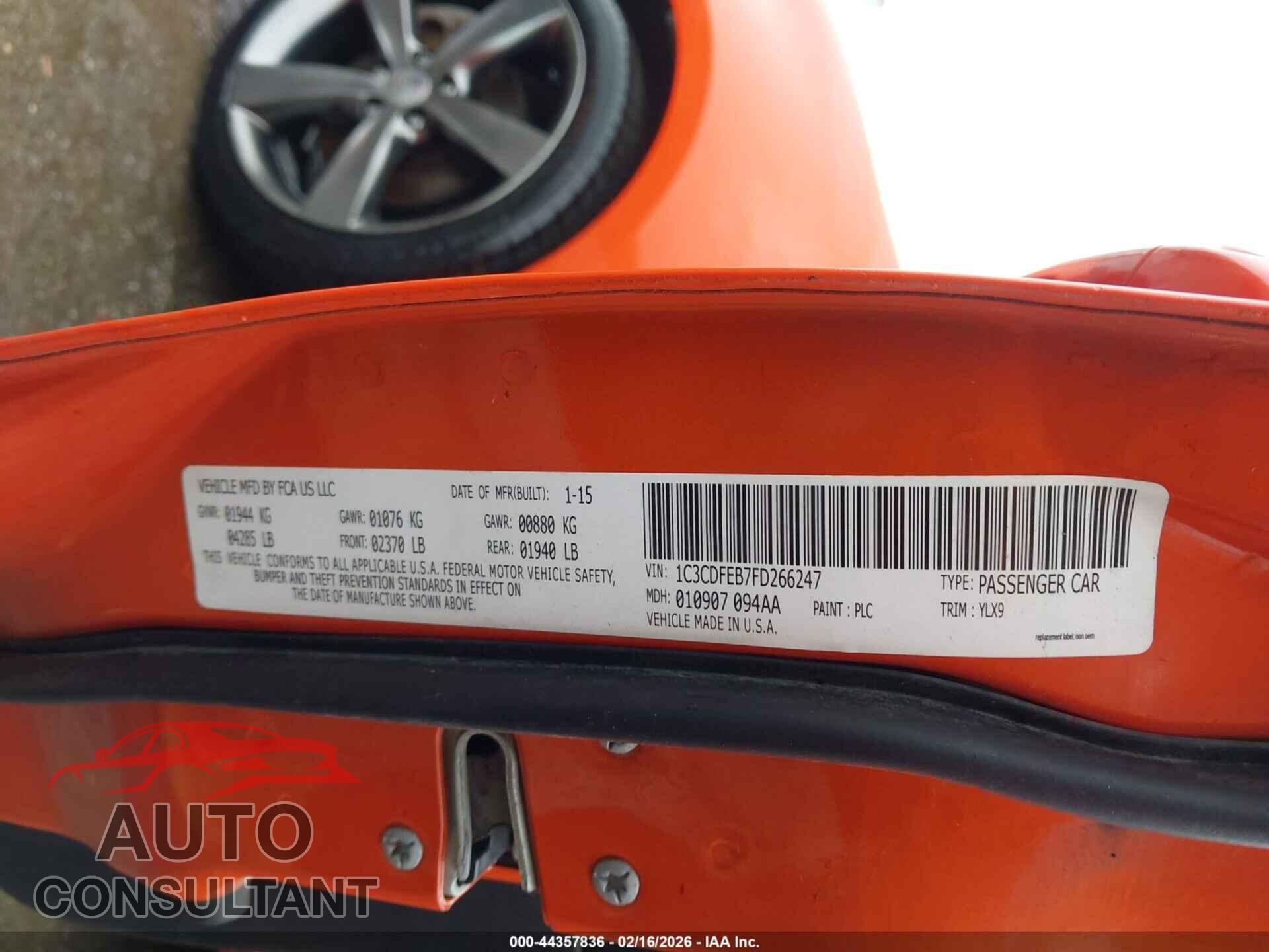 DODGE DART 2015 - 1C3CDFEB7FD266247