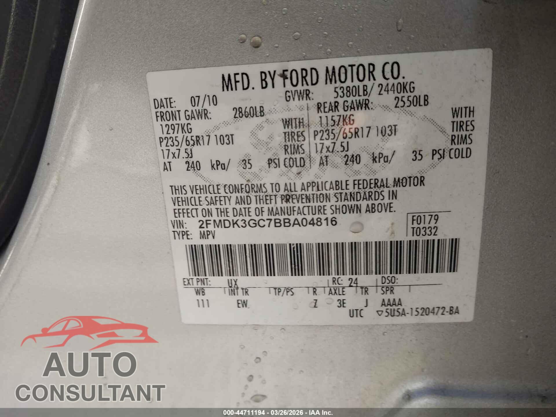 FORD EDGE 2011 - 2FMDK3GC7BBA04816