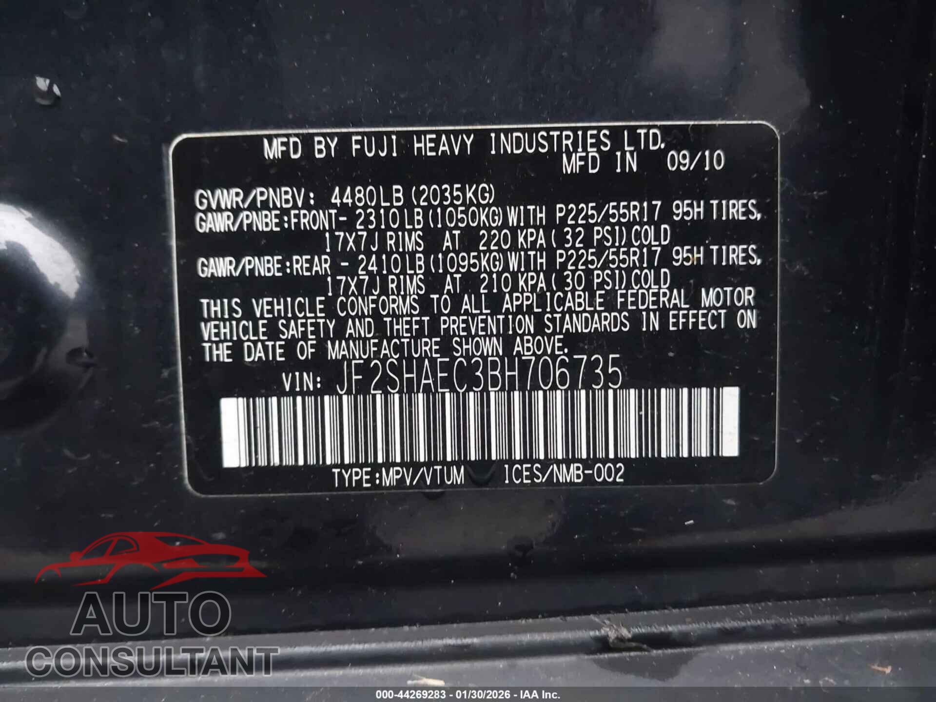 SUBARU FORESTER 2011 - JF2SHAEC3BH706735