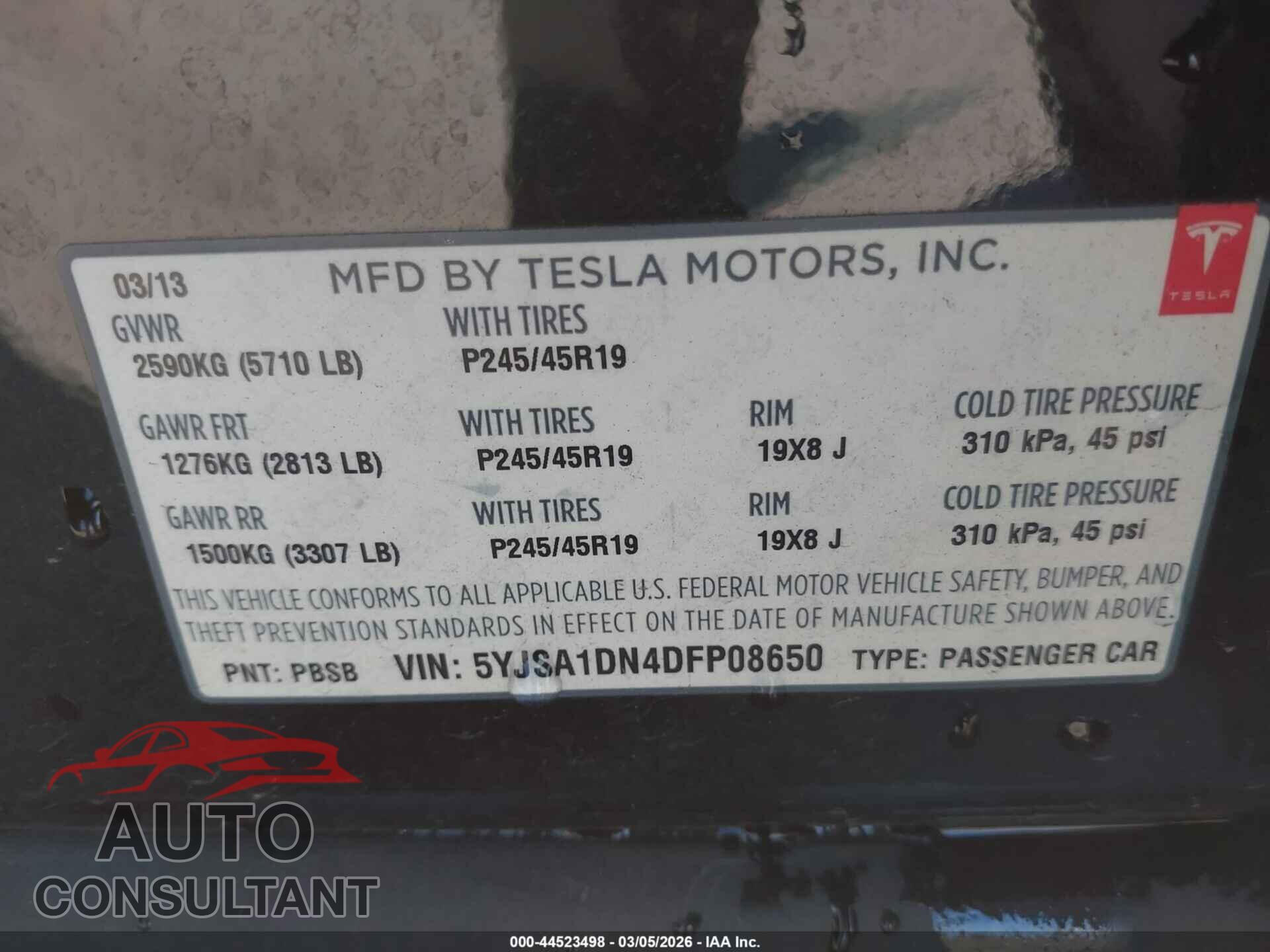TESLA MODEL S 2013 - 5YJSA1DN4DFP08650