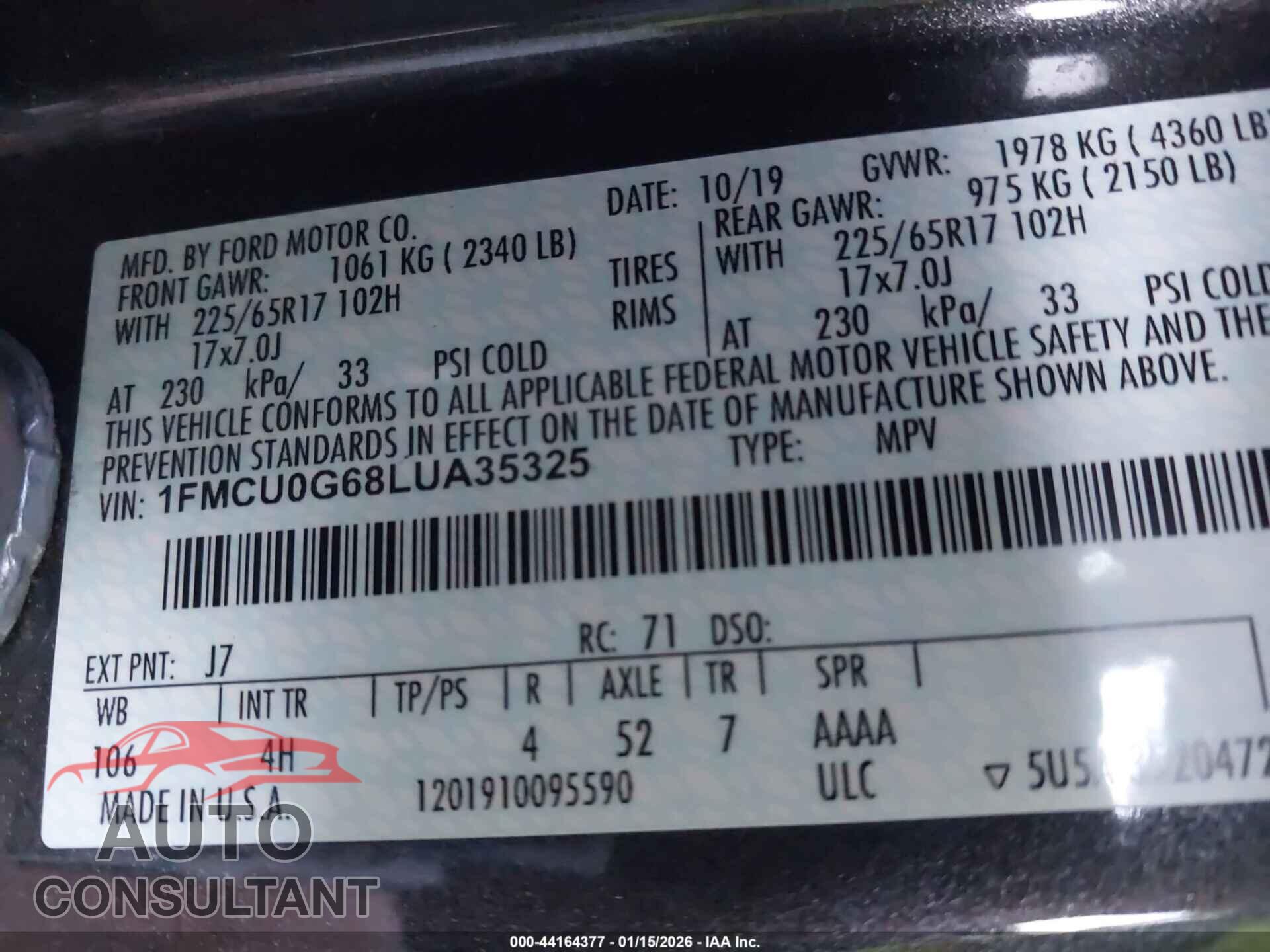 FORD ESCAPE 2020 - 1FMCU0G68LUA35325