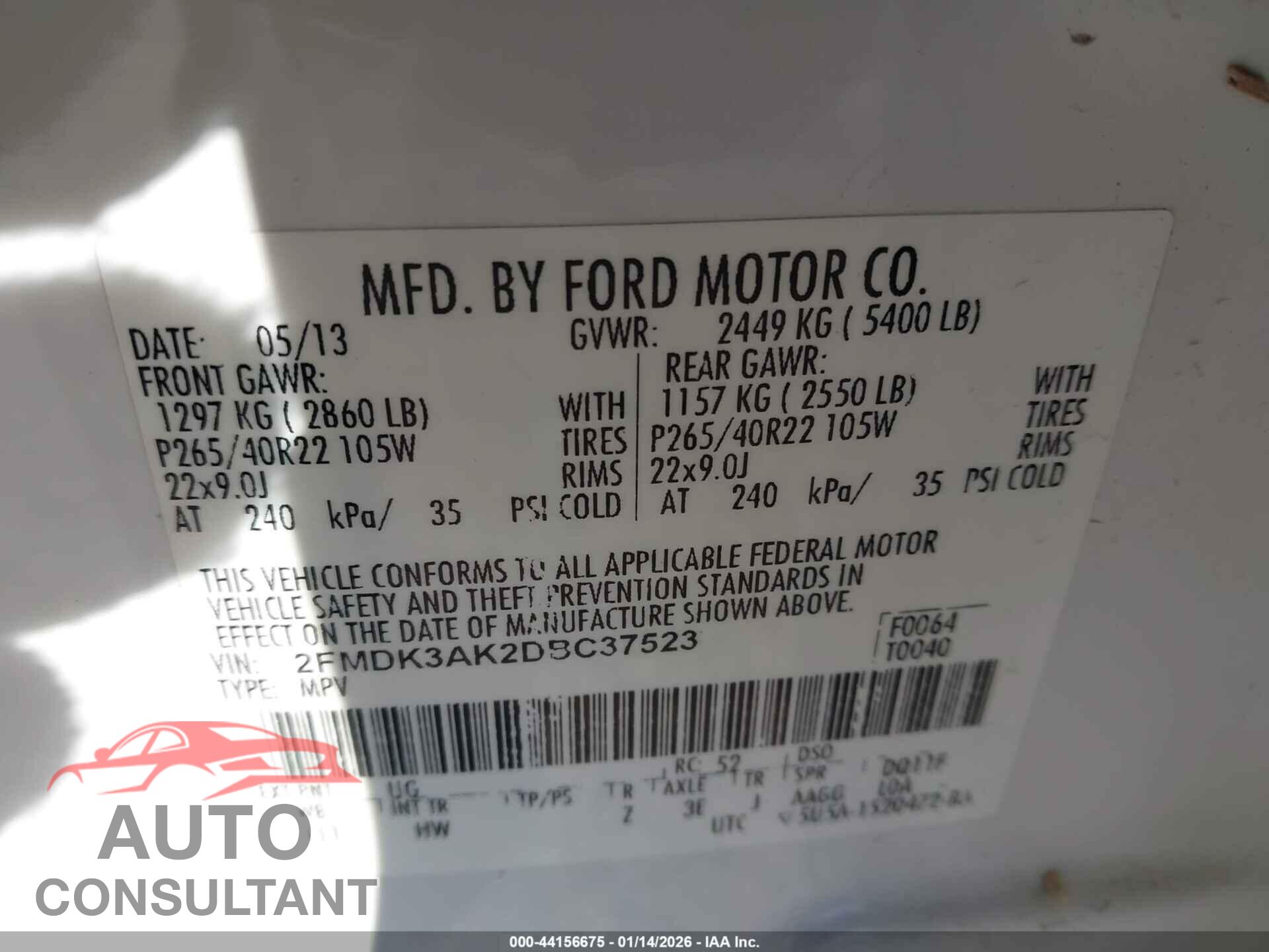 FORD EDGE 2013 - 2FMDK3AK2DBC37523