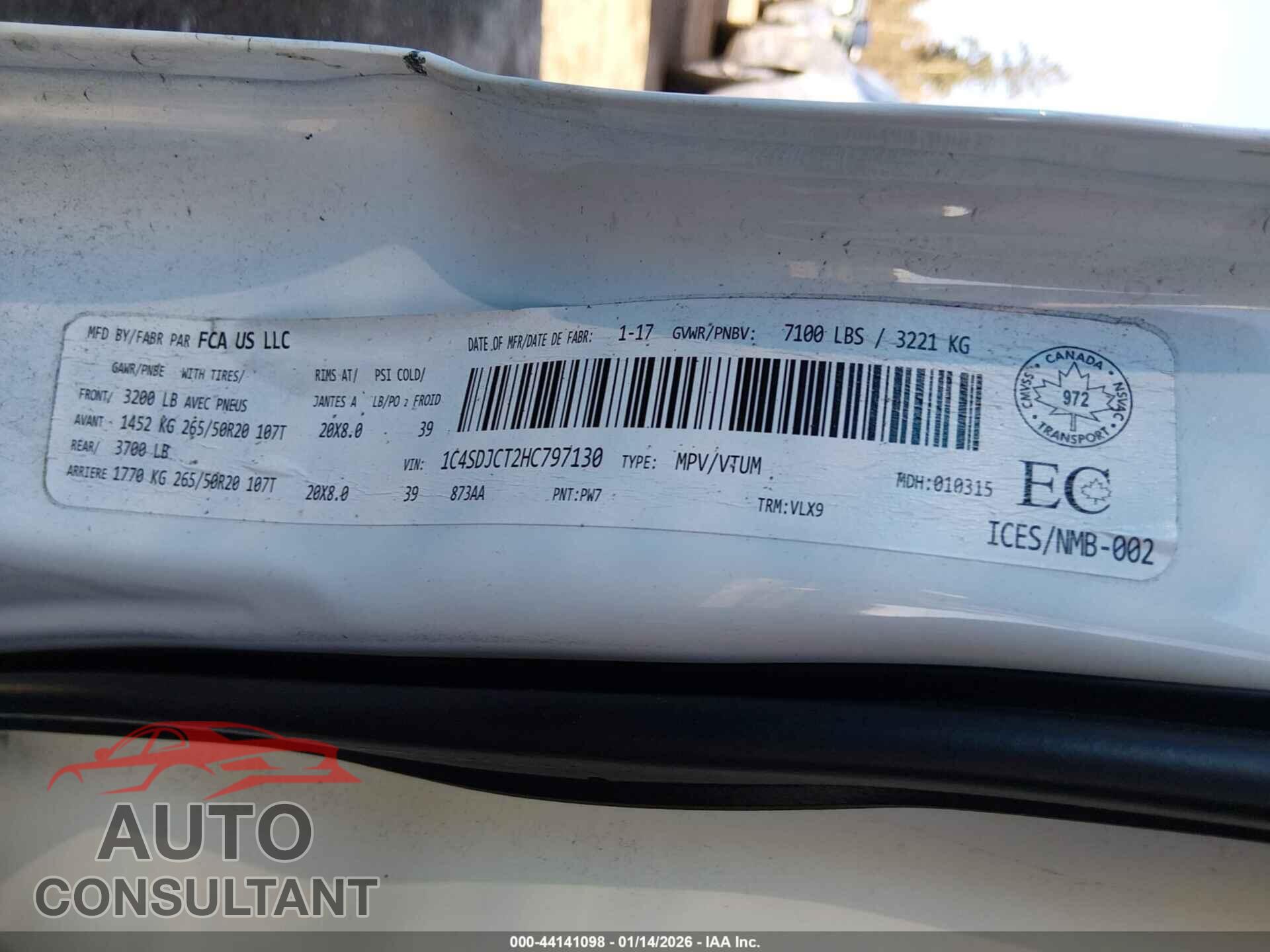 DODGE DURANGO 2017 - 1C4SDJCT2HC797130