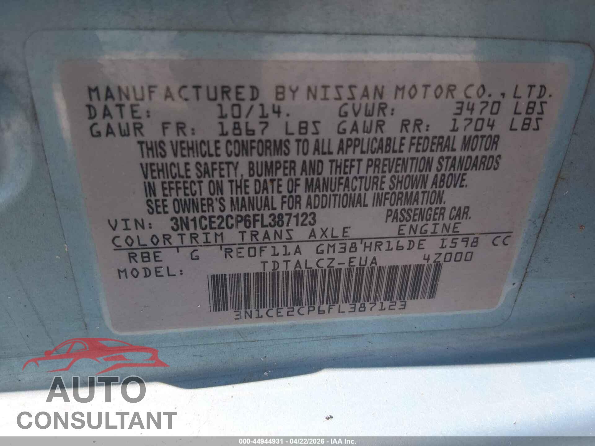 NISSAN VERSA NOTE 2015 - 3N1CE2CP6FL387123