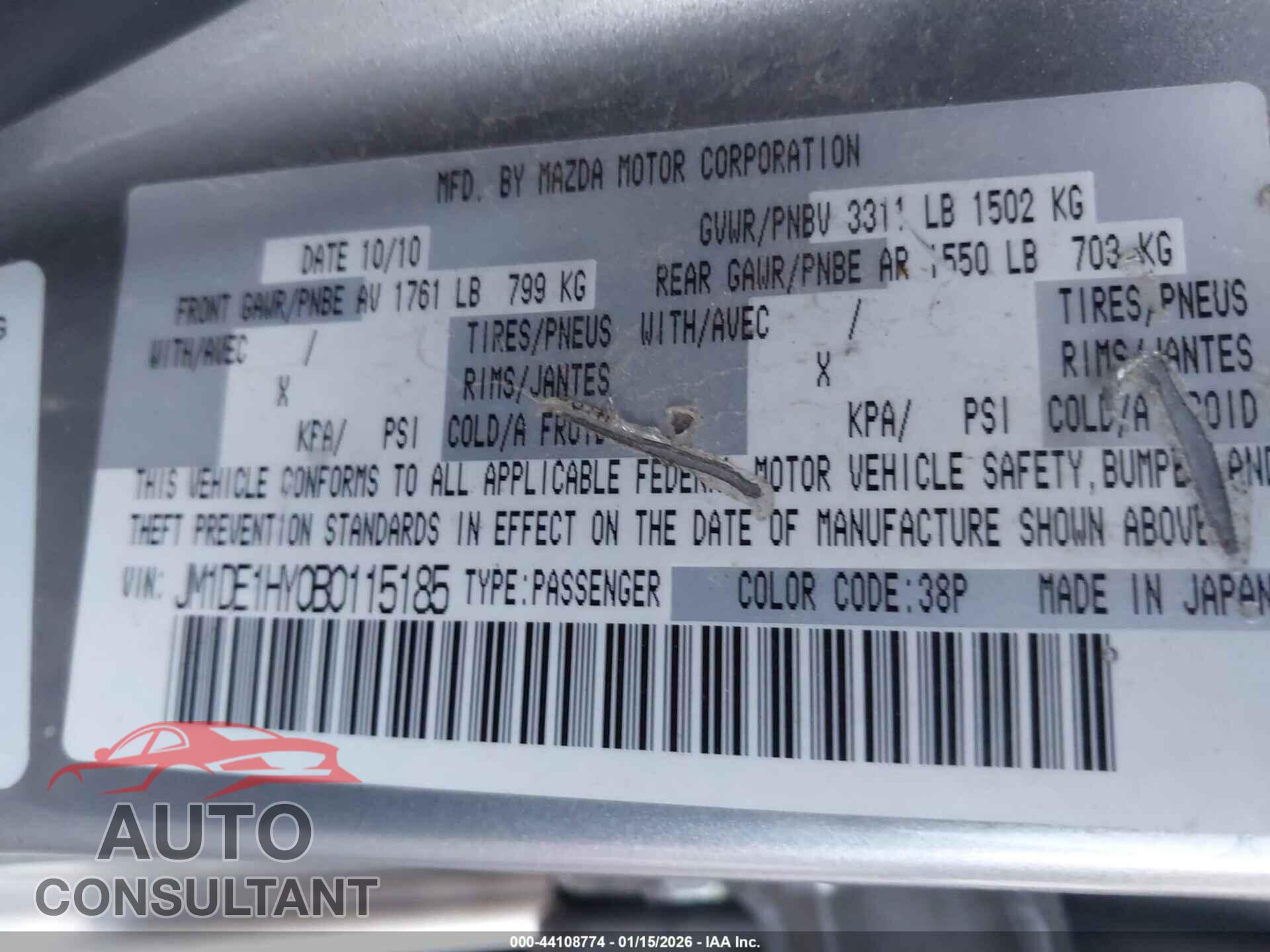 MAZDA MAZDA2 2011 - JM1DE1HY0B0115185