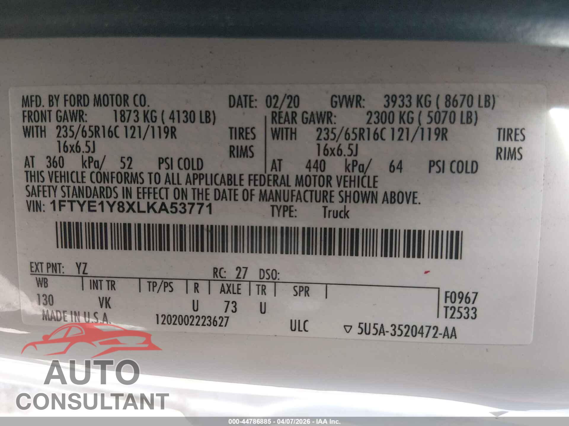 FORD TRANSIT-150 2020 - 1FTYE1Y8XLKA53771