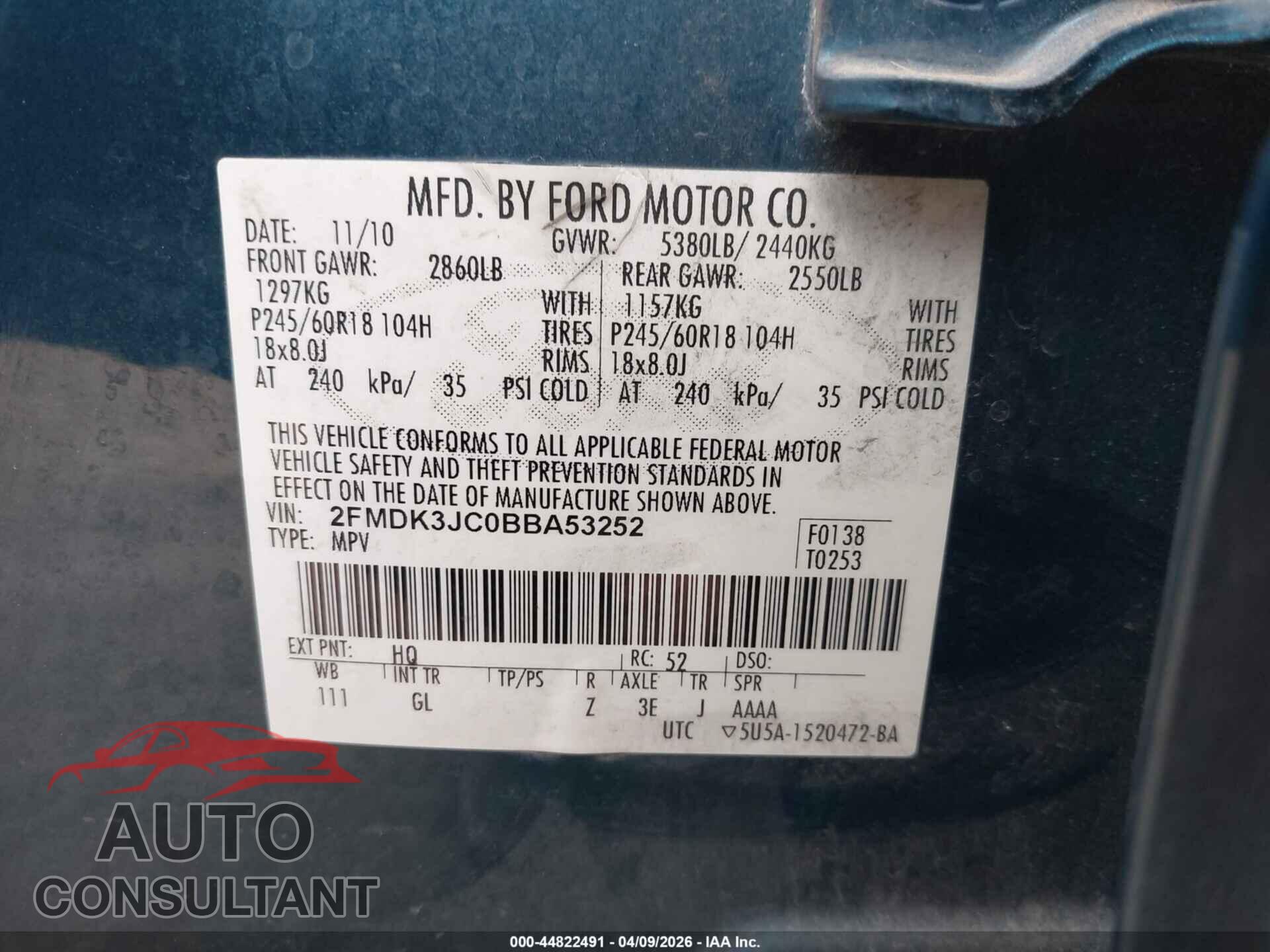FORD EDGE 2011 - 2FMDK3JC0BBA53252