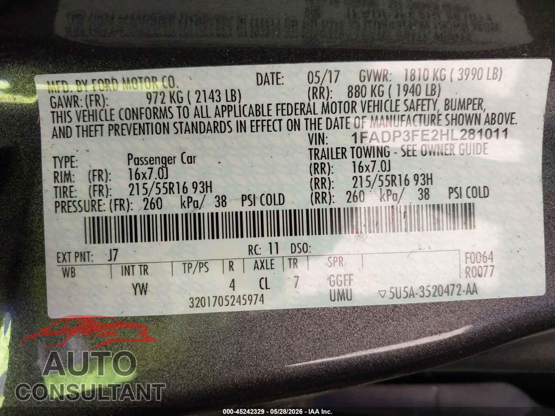 FORD FOCUS 2017 - 1FADP3FE2HL281011