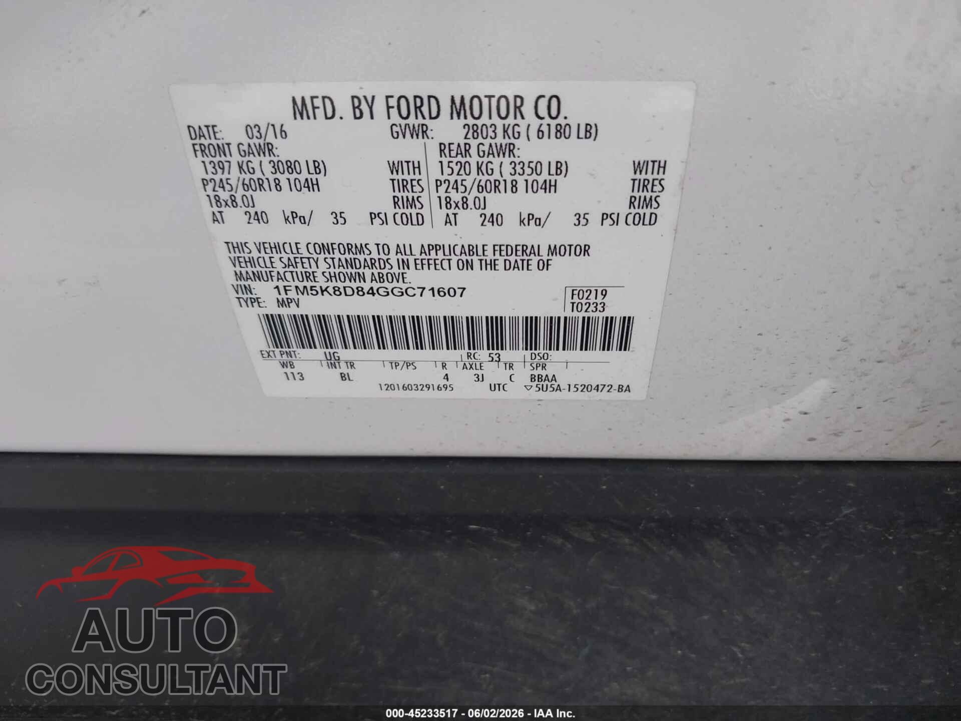 FORD EXPLORER 2016 - 1FM5K8D84GGC71607