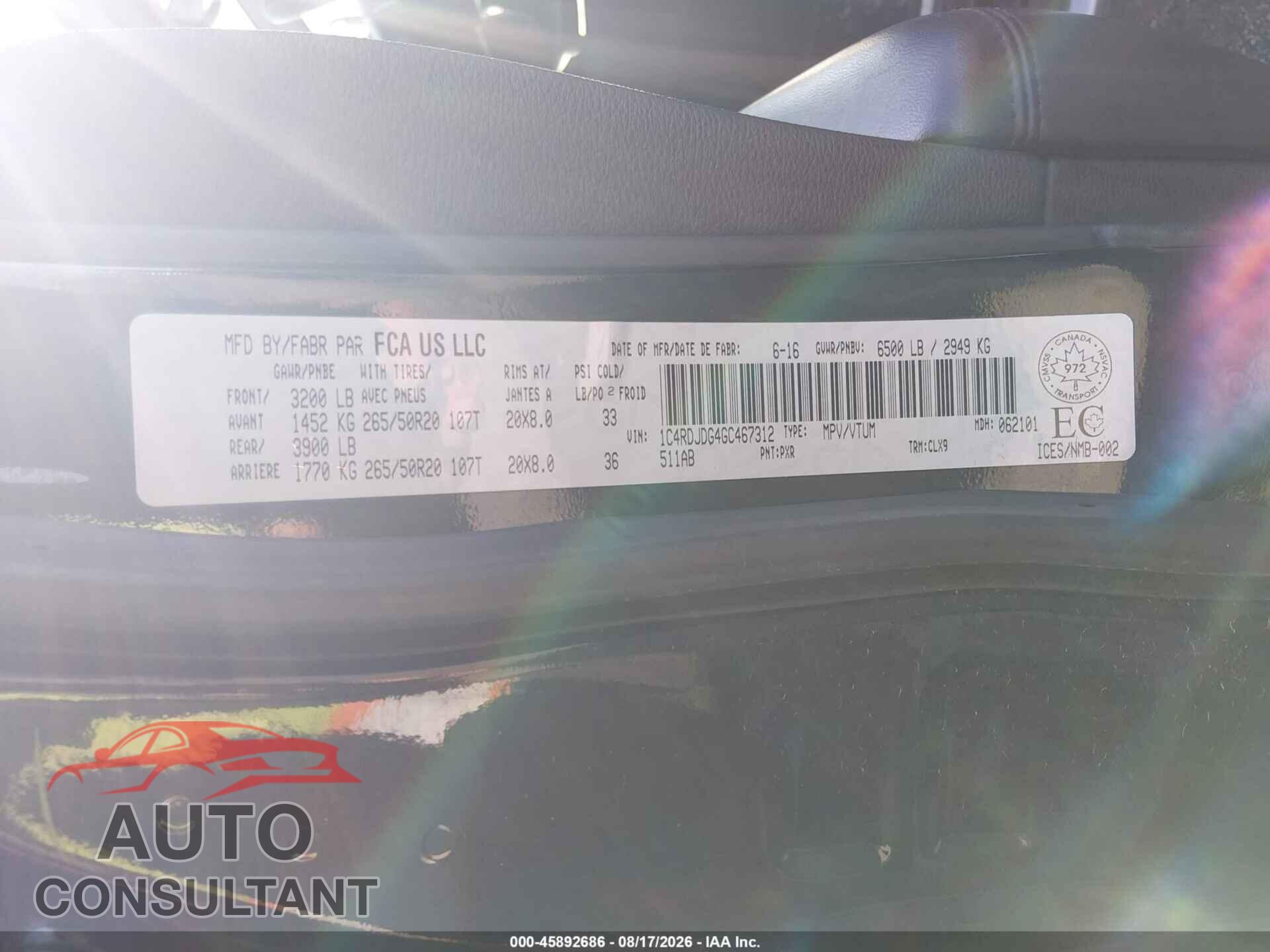 DODGE DURANGO 2016 - 1C4RDJDG4GC467312