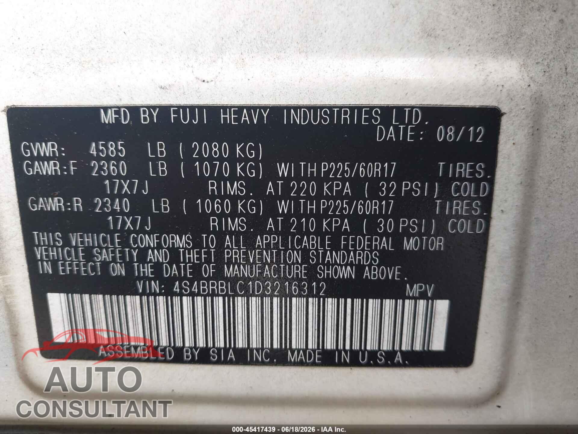 SUBARU OUTBACK 2013 - 4S4BRBLC1D3216312