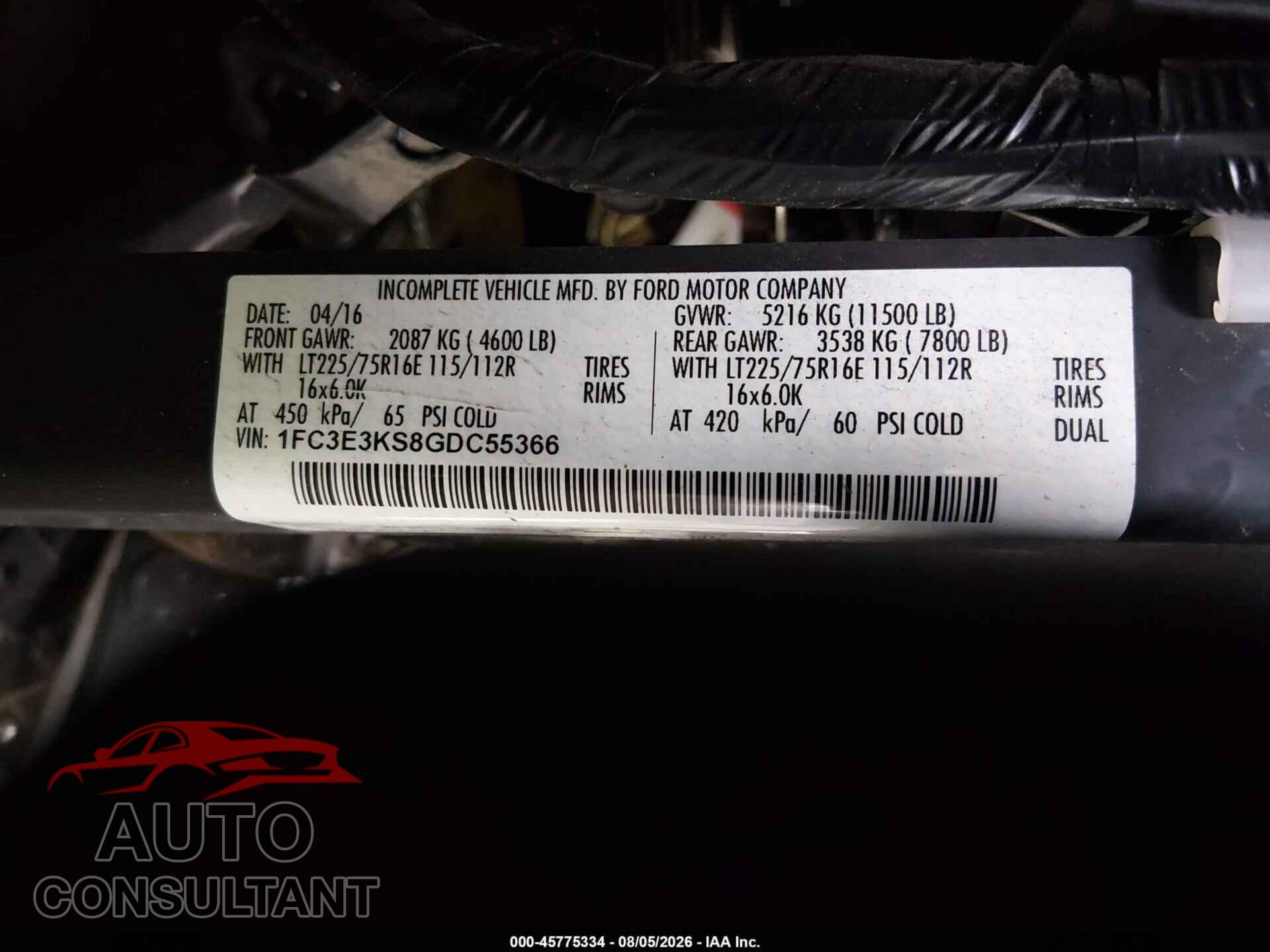 FORD E-350 STRIPPED 2016 - 1FC3E3KS8GDC55366