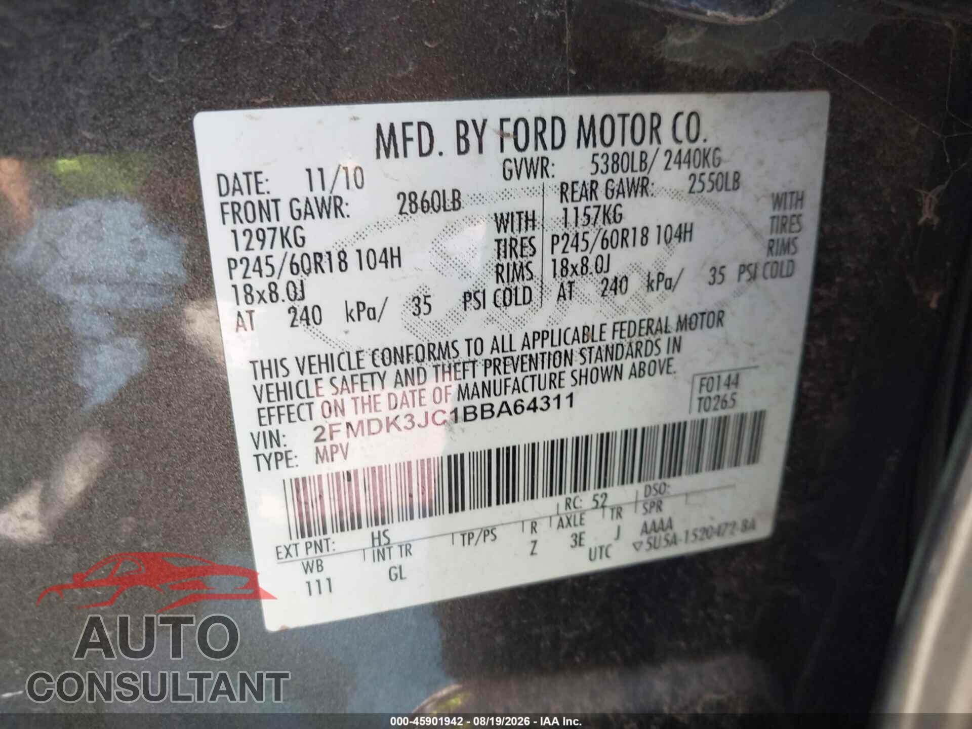 FORD EDGE 2011 - 2FMDK3JC1BBA64311