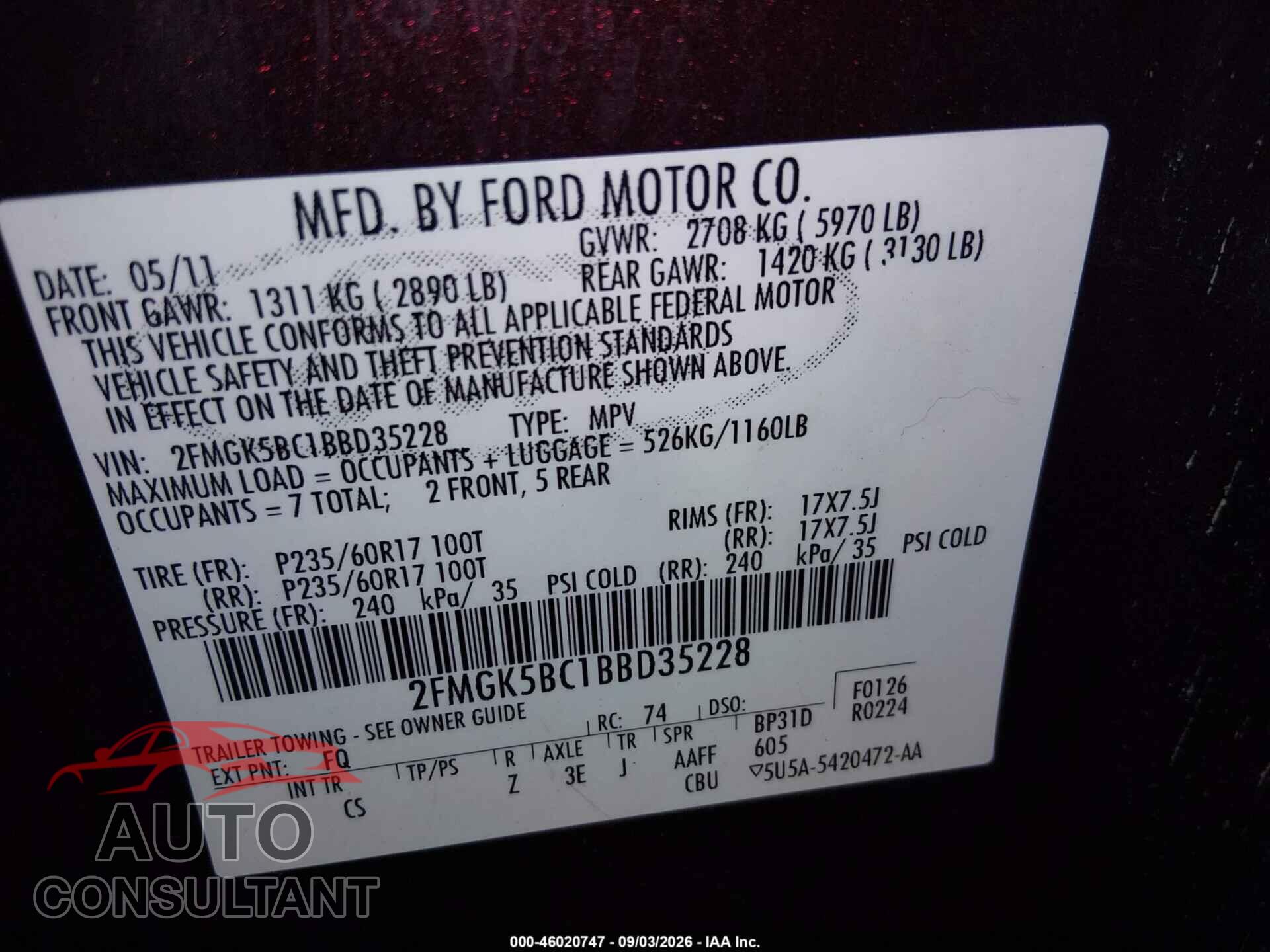 FORD FLEX 2011 - 2FMGK5BC1BBD35228