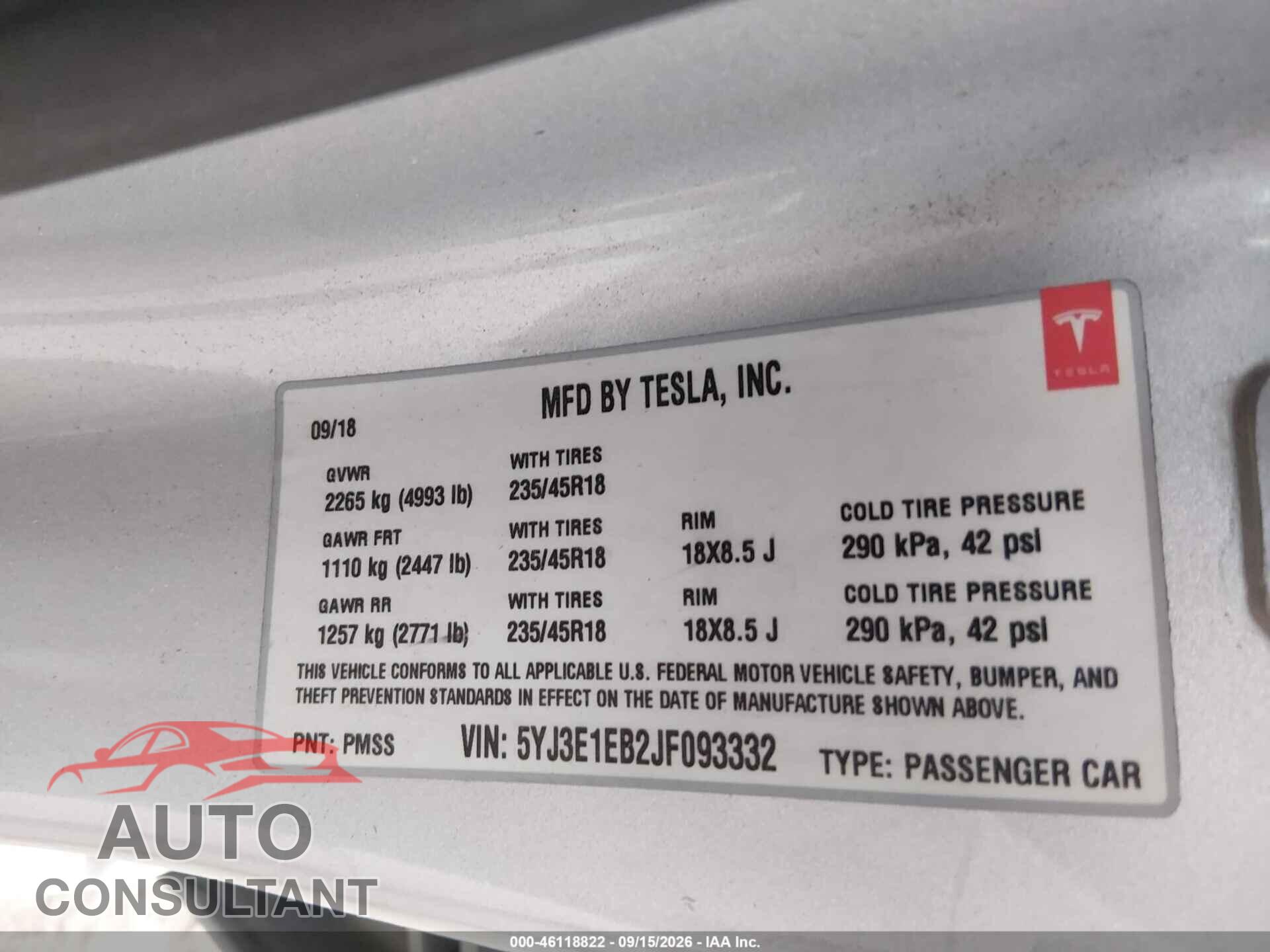 TESLA MODEL 3 2018 - 5YJ3E1EB2JF093332