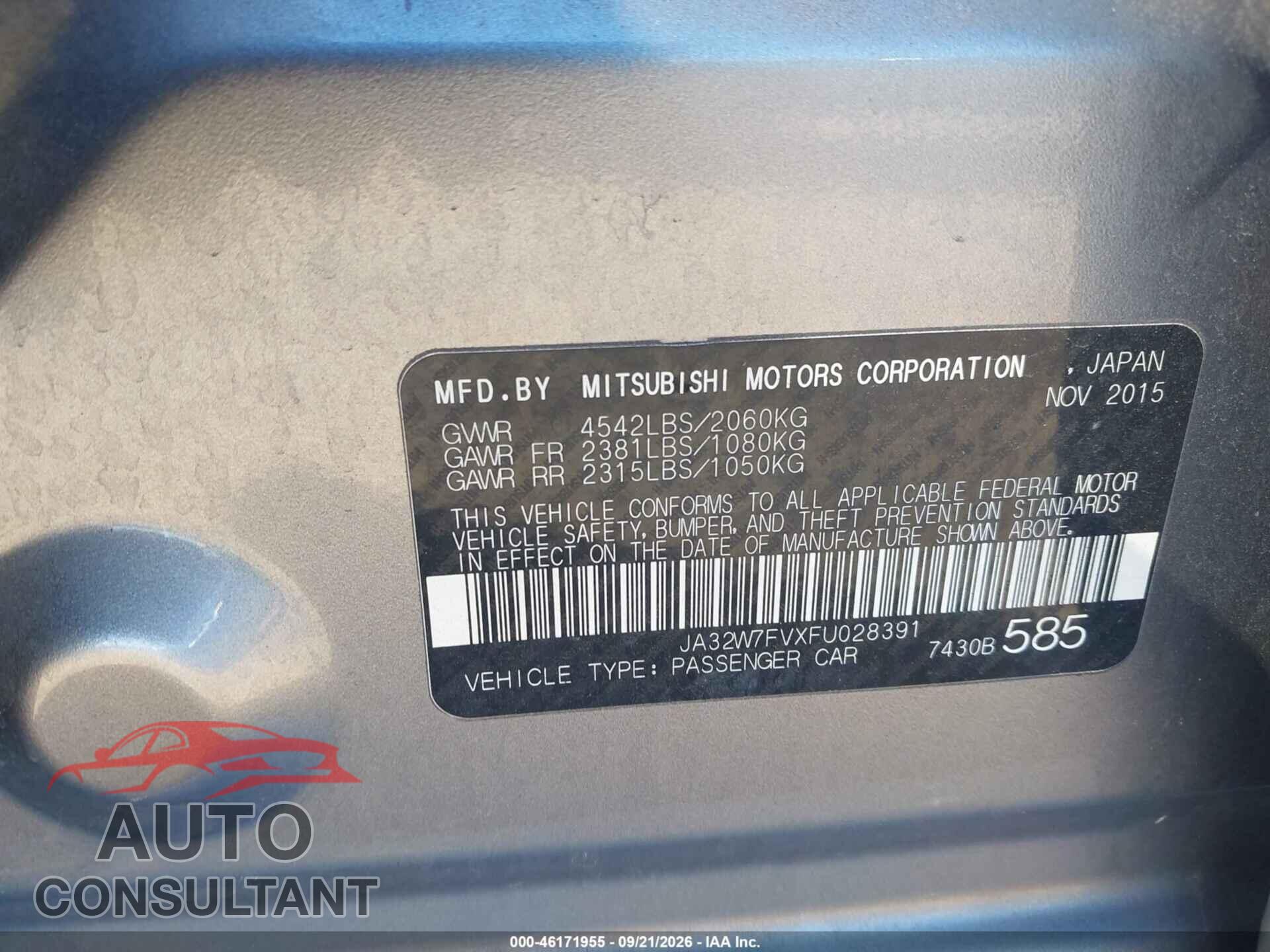 MITSUBISHI LANCER EVOLUTION 2015 - JA32W7FVXFU028391