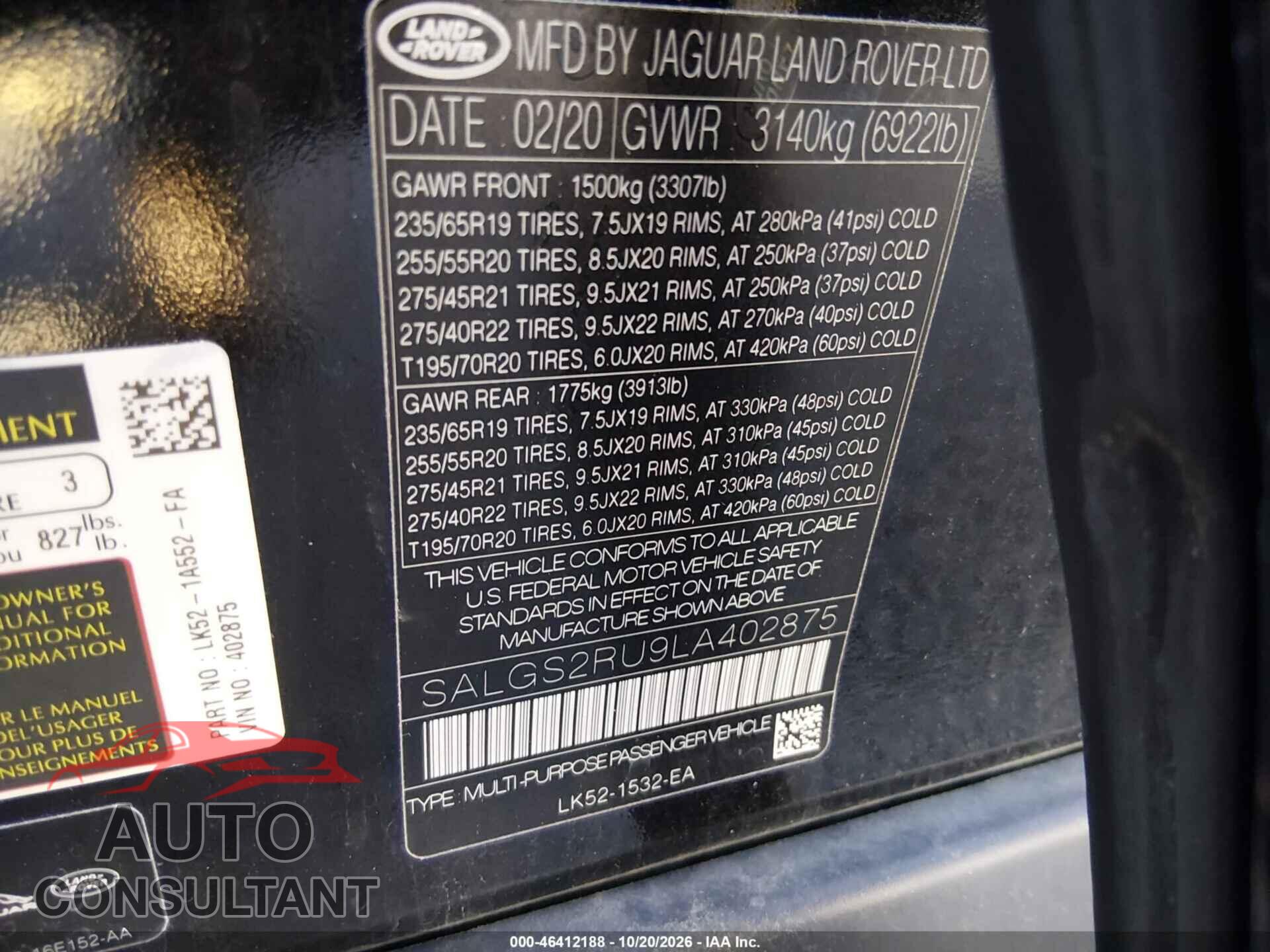 LAND ROVER RANGE ROVER 2020 - SALGS2RU9LA402875