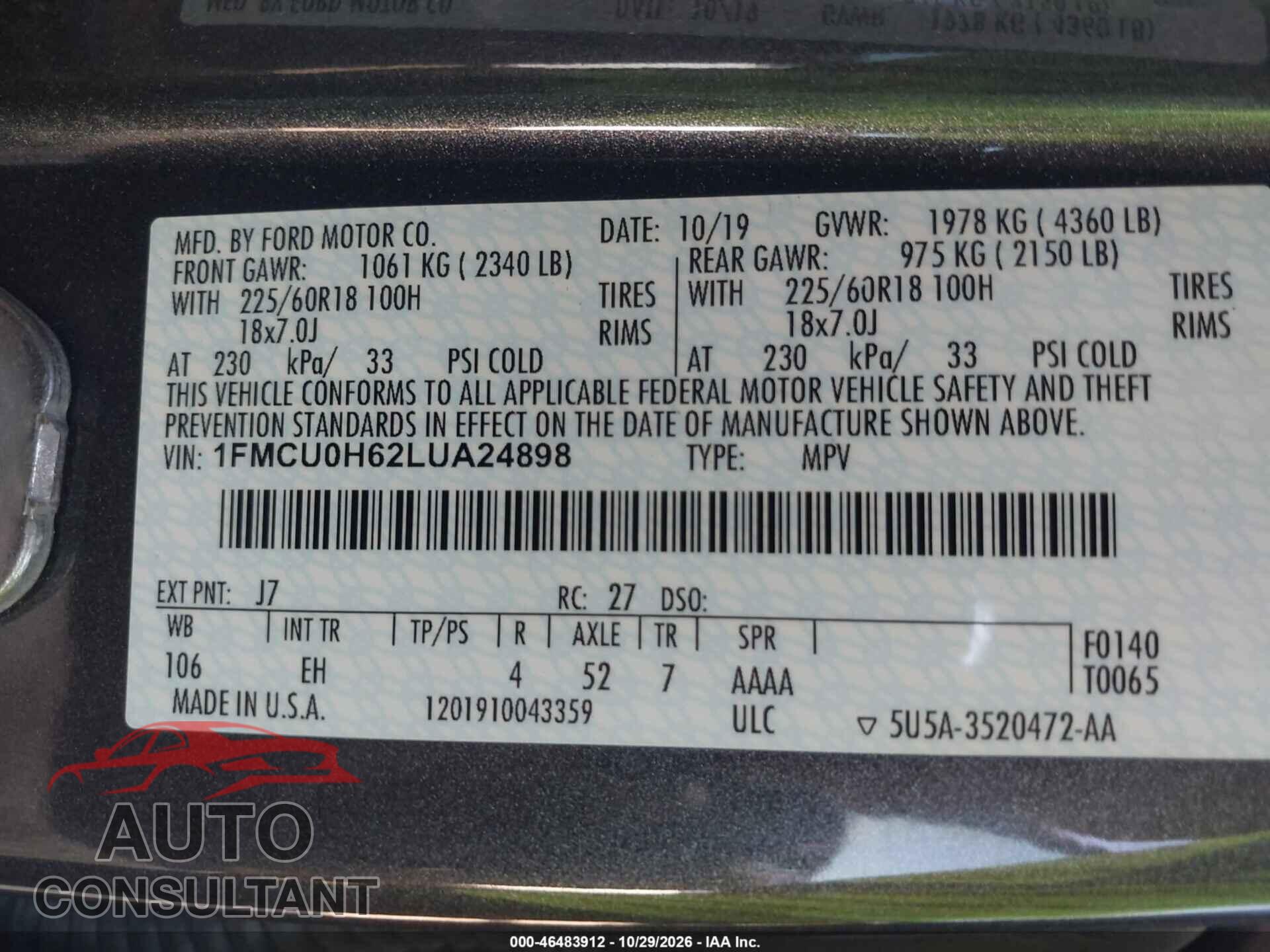 FORD ESCAPE 2020 - 1FMCU0H62LUA24898