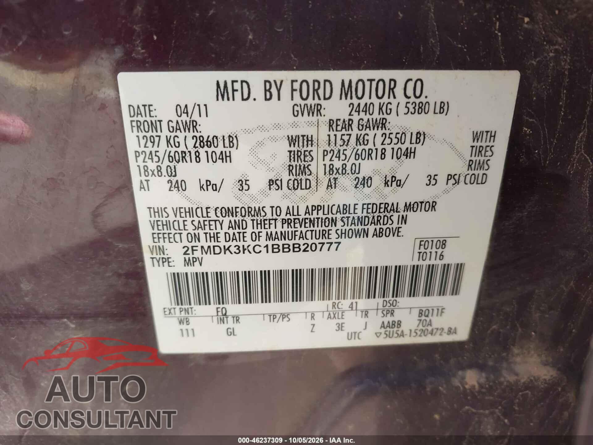 FORD EDGE 2011 - 2FMDK3KC1BBB20777