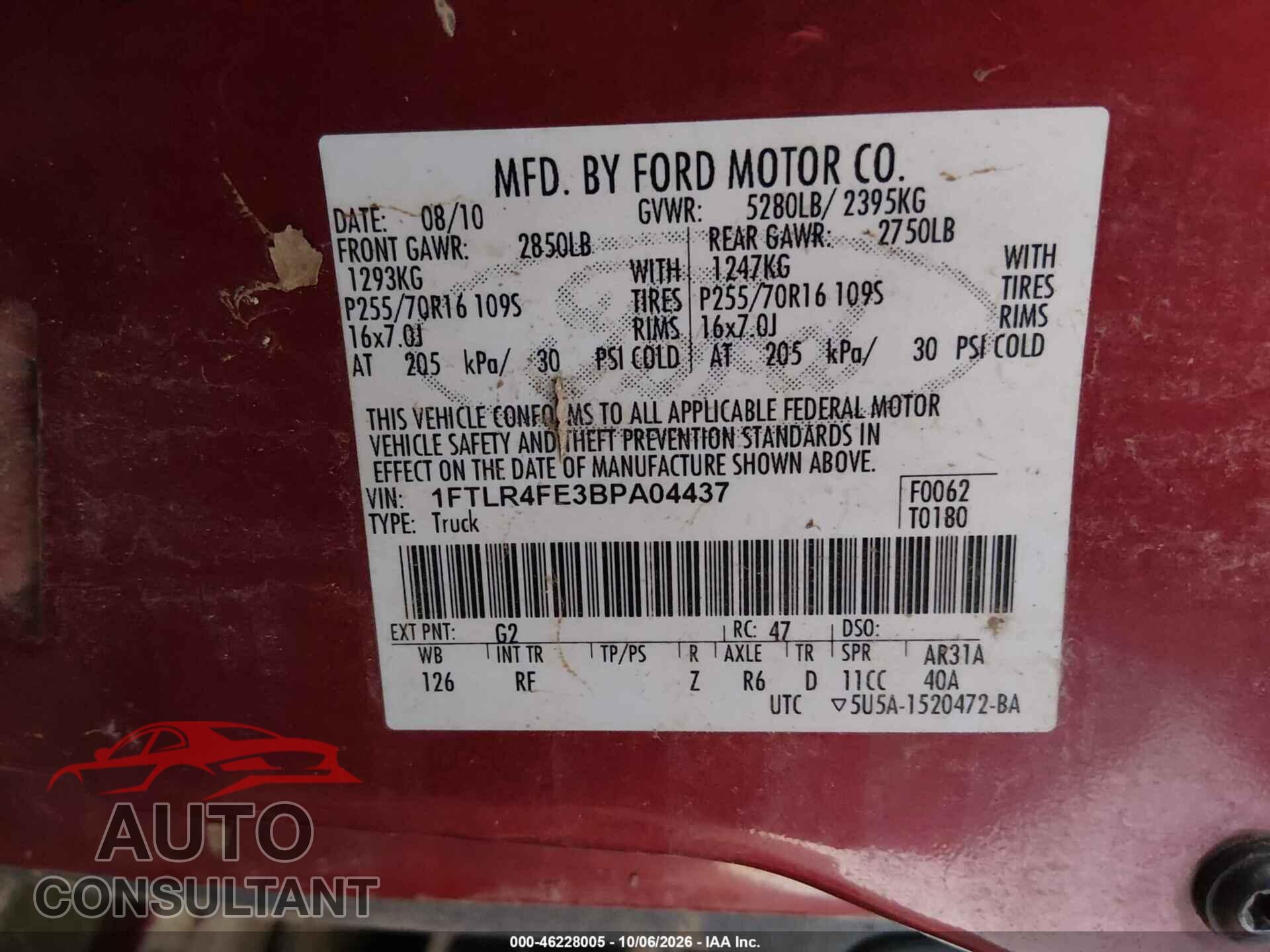 FORD RANGER 2011 - 1FTLR4FE3BPA04437