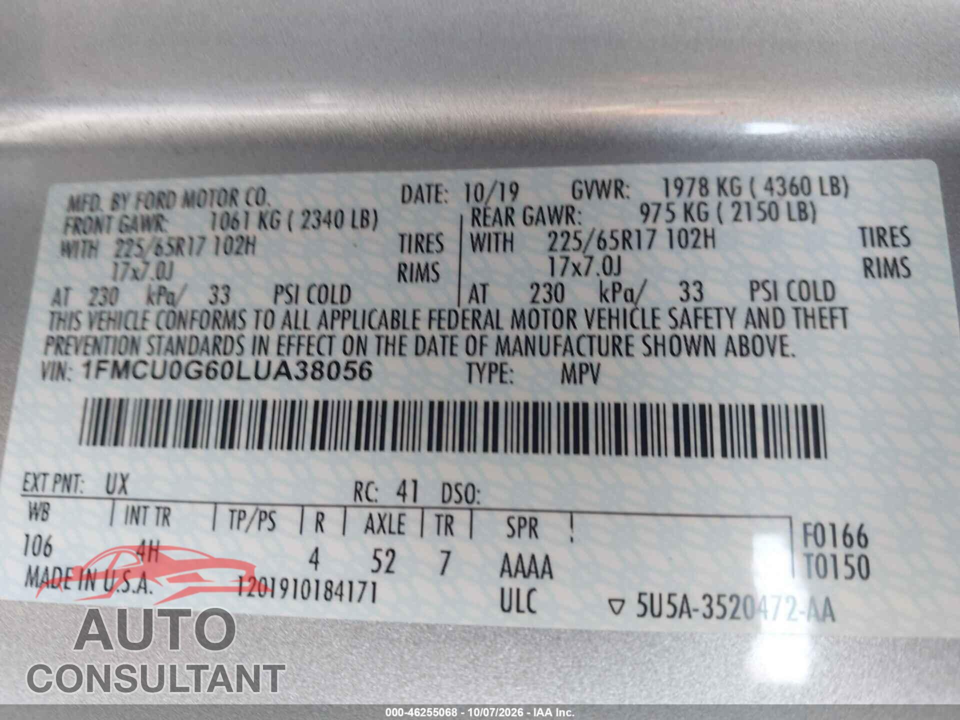 FORD ESCAPE 2020 - 1FMCU0G60LUA38056