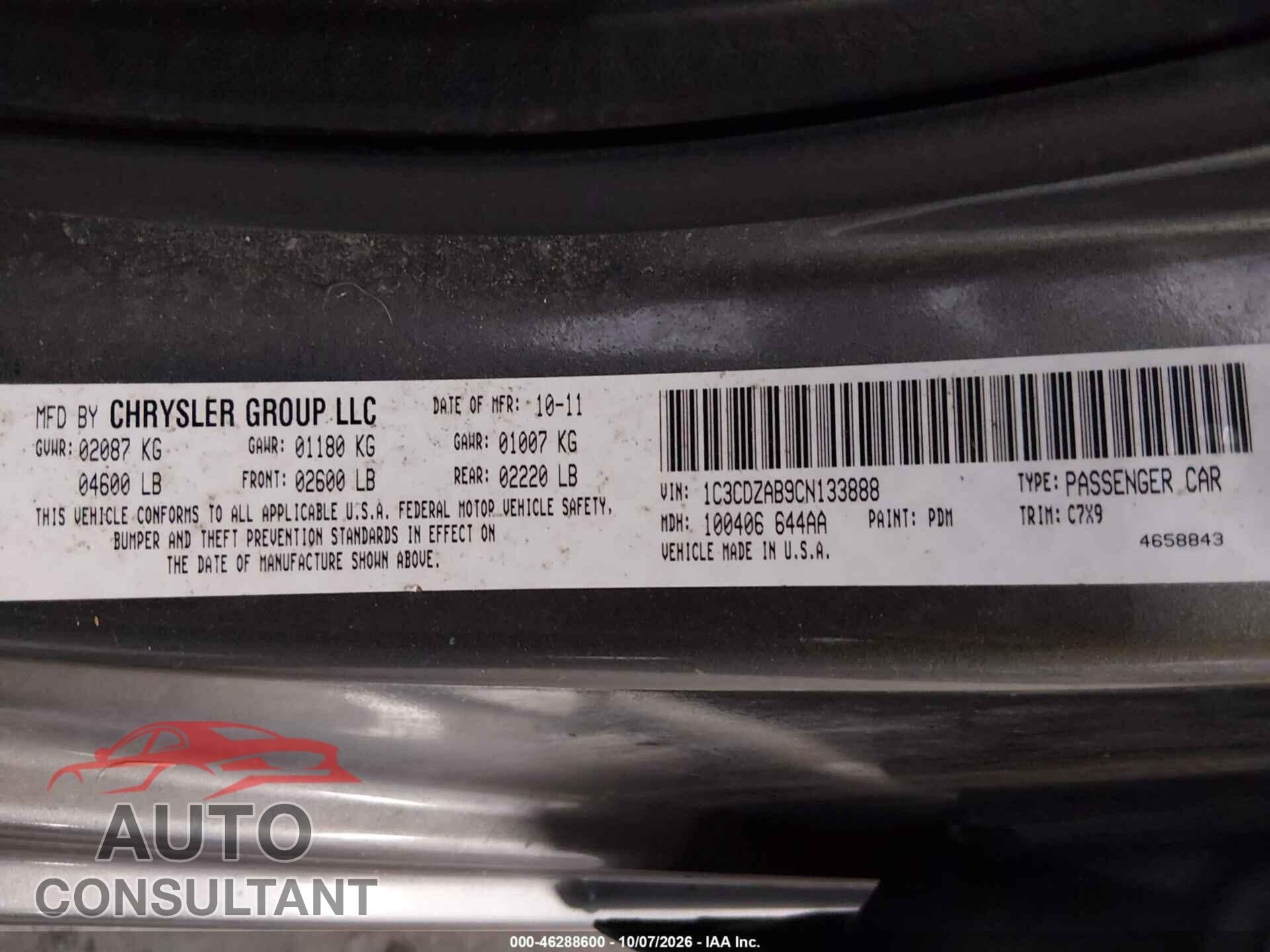 DODGE AVENGER 2012 - 1C3CDZAB9CN133888