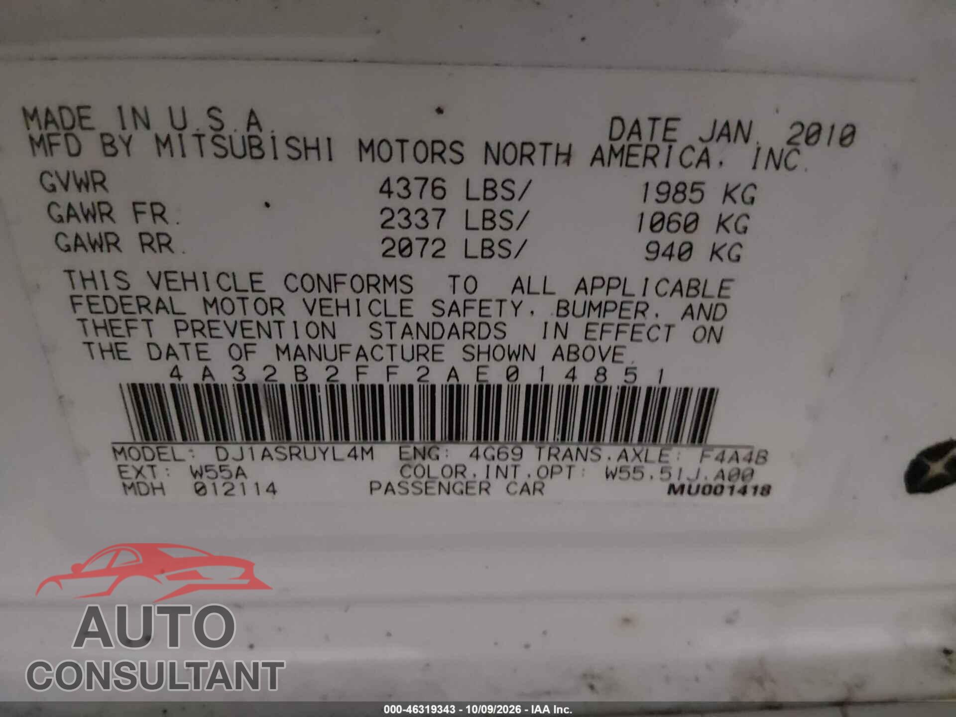 MITSUBISHI GALANT 2010 - 4A32B2FF2AE014851