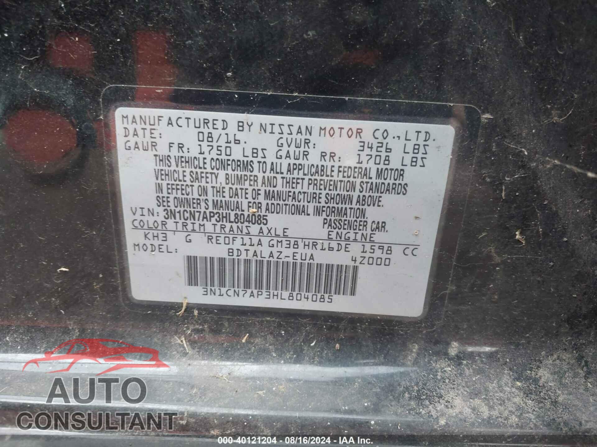 NISSAN VERSA 2017 - 3N1CN7AP3HL804085