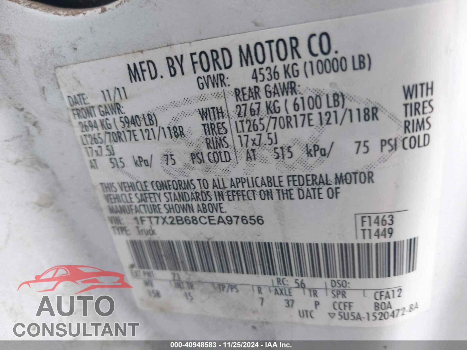 FORD F-250 2012 - 1FT7X2B68CEA97656