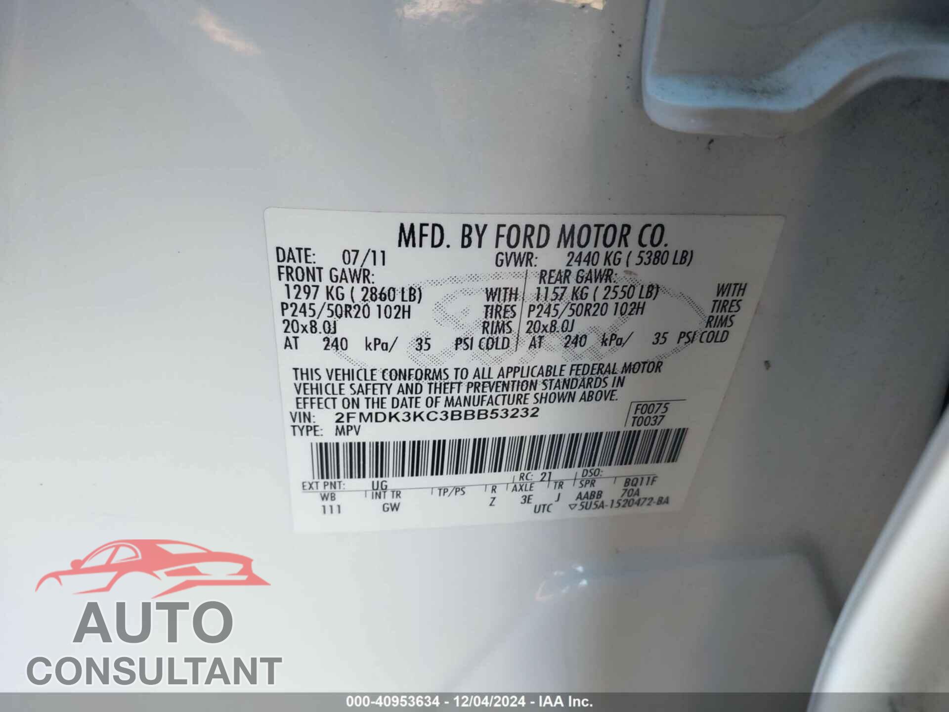 FORD EDGE 2011 - 2FMDK3KC3BBB53232