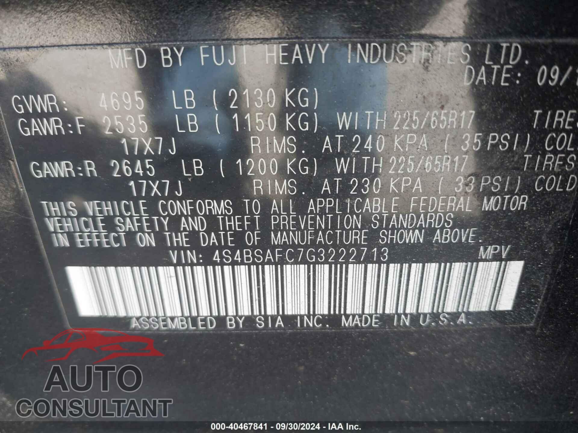 SUBARU OUTBACK 2016 - 4S4BSAFC7G3222713